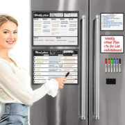 A woman pointing to meal prep calendar magnetically attached to fridge door - Meal prep gift guide