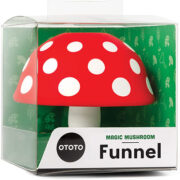 Front view of a packaged mushroom funnel with red and white polka dots.