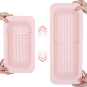 Collage of 2 images that show 2 pink rectangular colanders at various lengths.