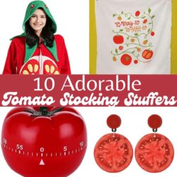 Collage of 4 images with the word "10 adorable tomato stocking stuffers" written on it.