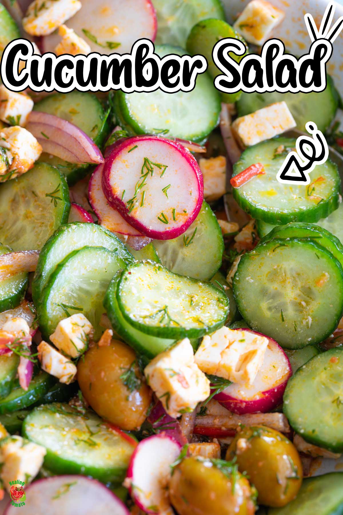 Top and closeup view of a spicy cucumber salad in a white bowl