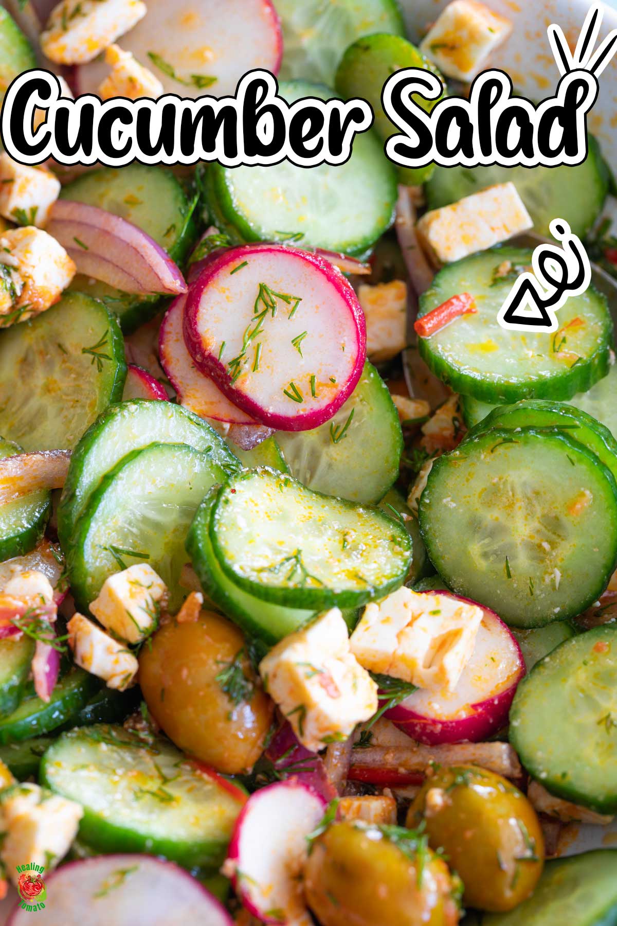 Top and closeup view of a spicy cucumber salad in a white bowl. cheap salad recipes.