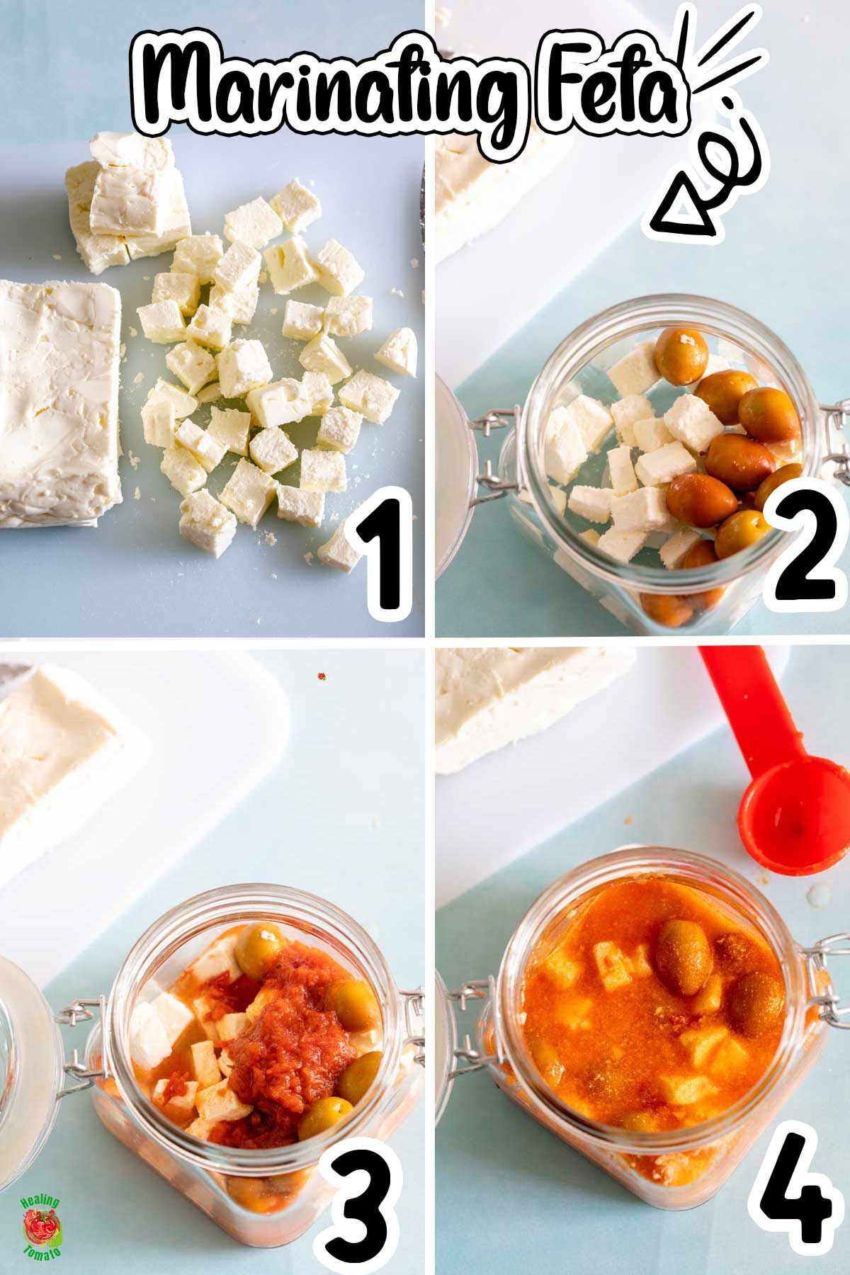 Top view of a collage of 4 images outlining how to marinate feta