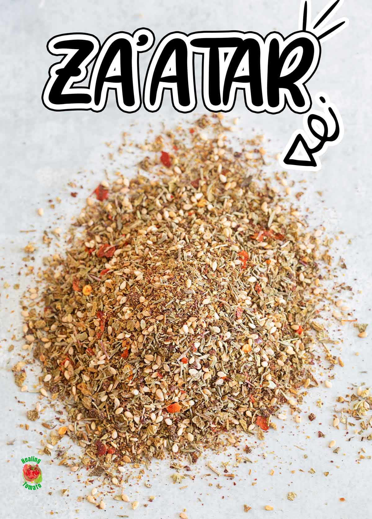 Top view of zaaatar seasoning arranged in a pyramind form on a blue background