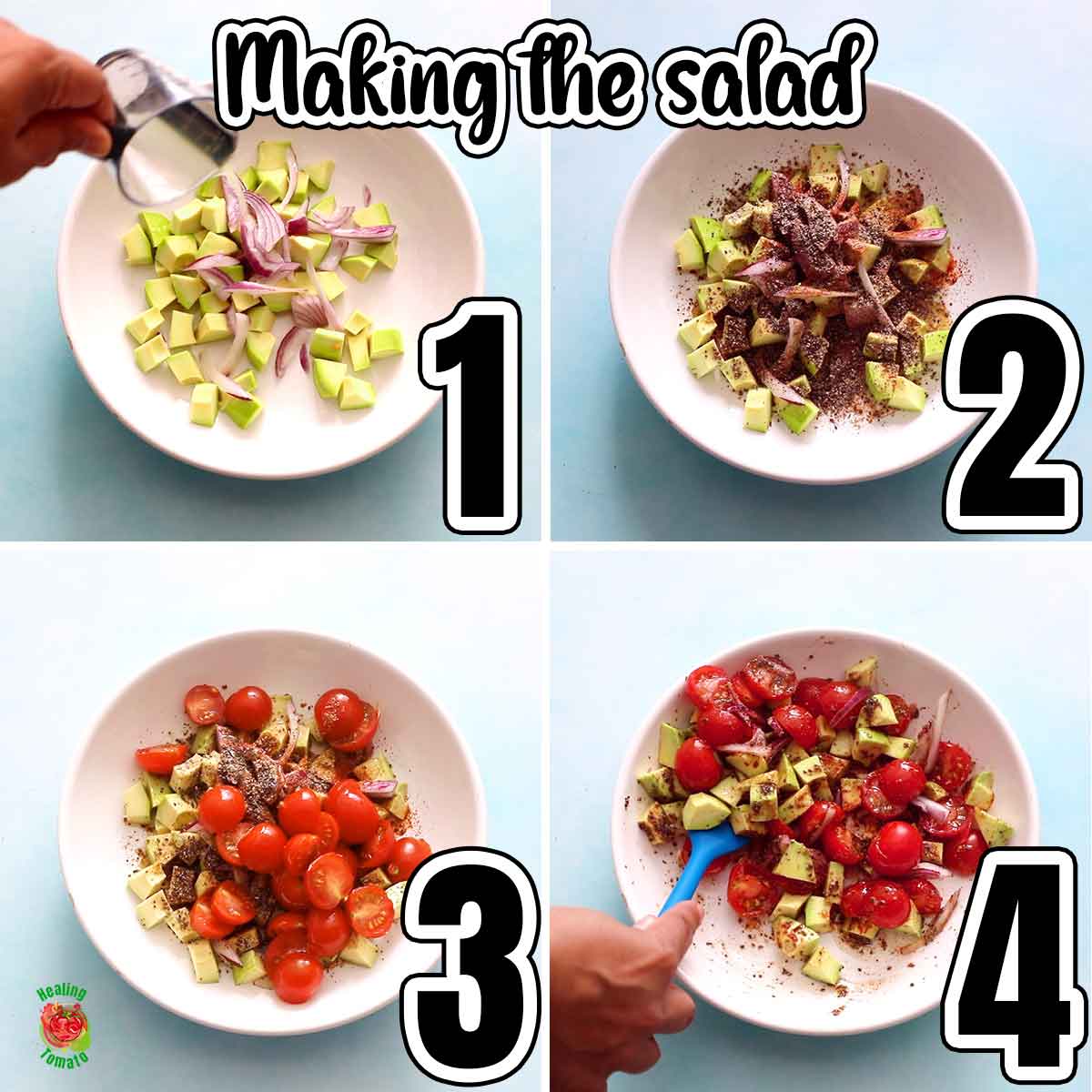Collage of 4 images showing the steps needed tomake this avocado salad