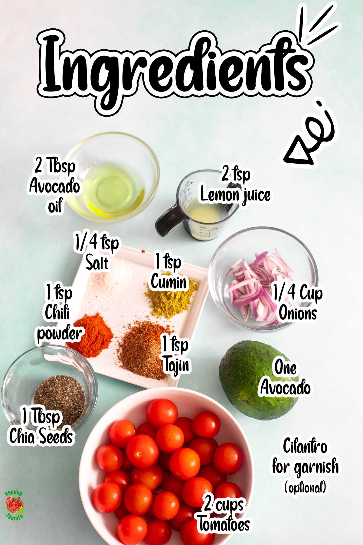 Top view of the ingredients needed to make this salad with their measurements