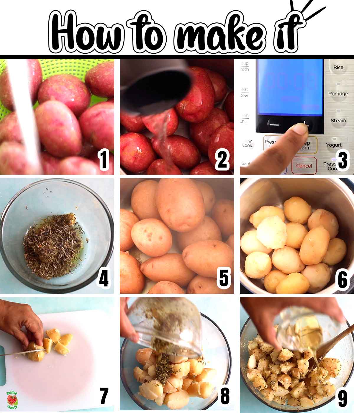 Collage of 9 steps to make this recipe. Each collage has a number corresponding to the step.