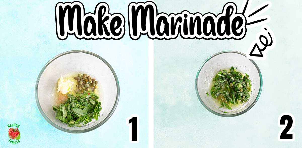 Collage of 2 images showing the steps needed to make the marinade.
