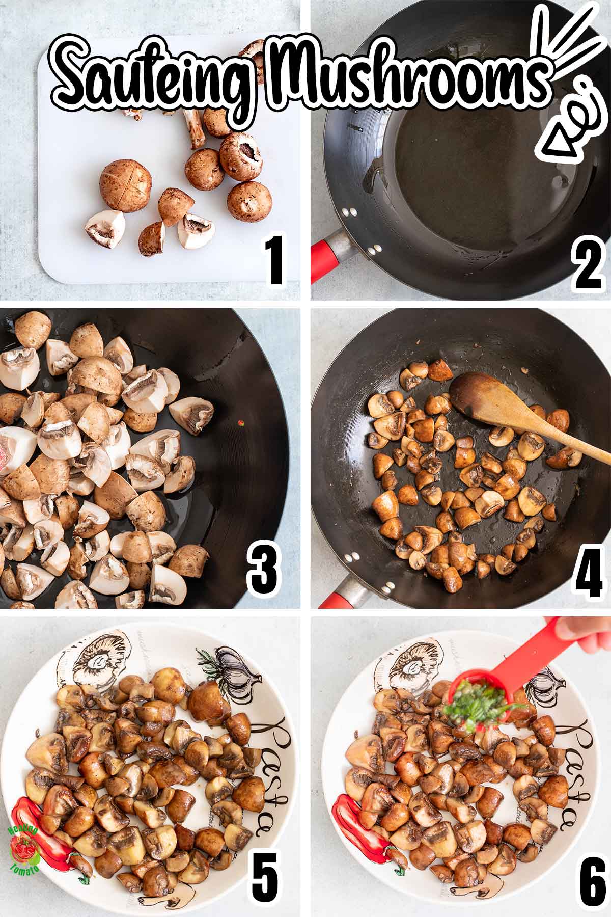 Collage of 6 steps needed to make mushroom salad. Each step is numbered.