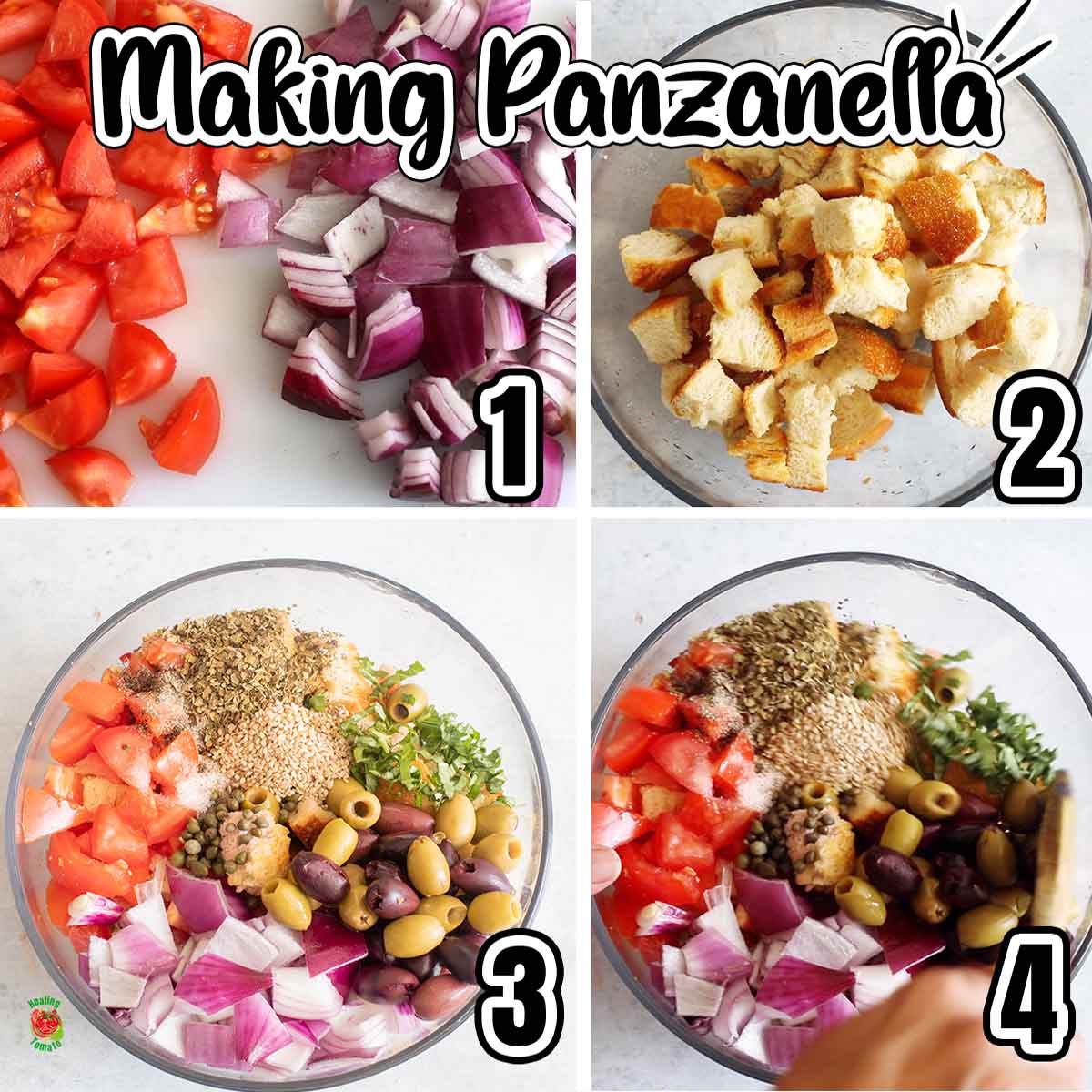 Collage of the 4 steps needed to assemble the panzanella salad