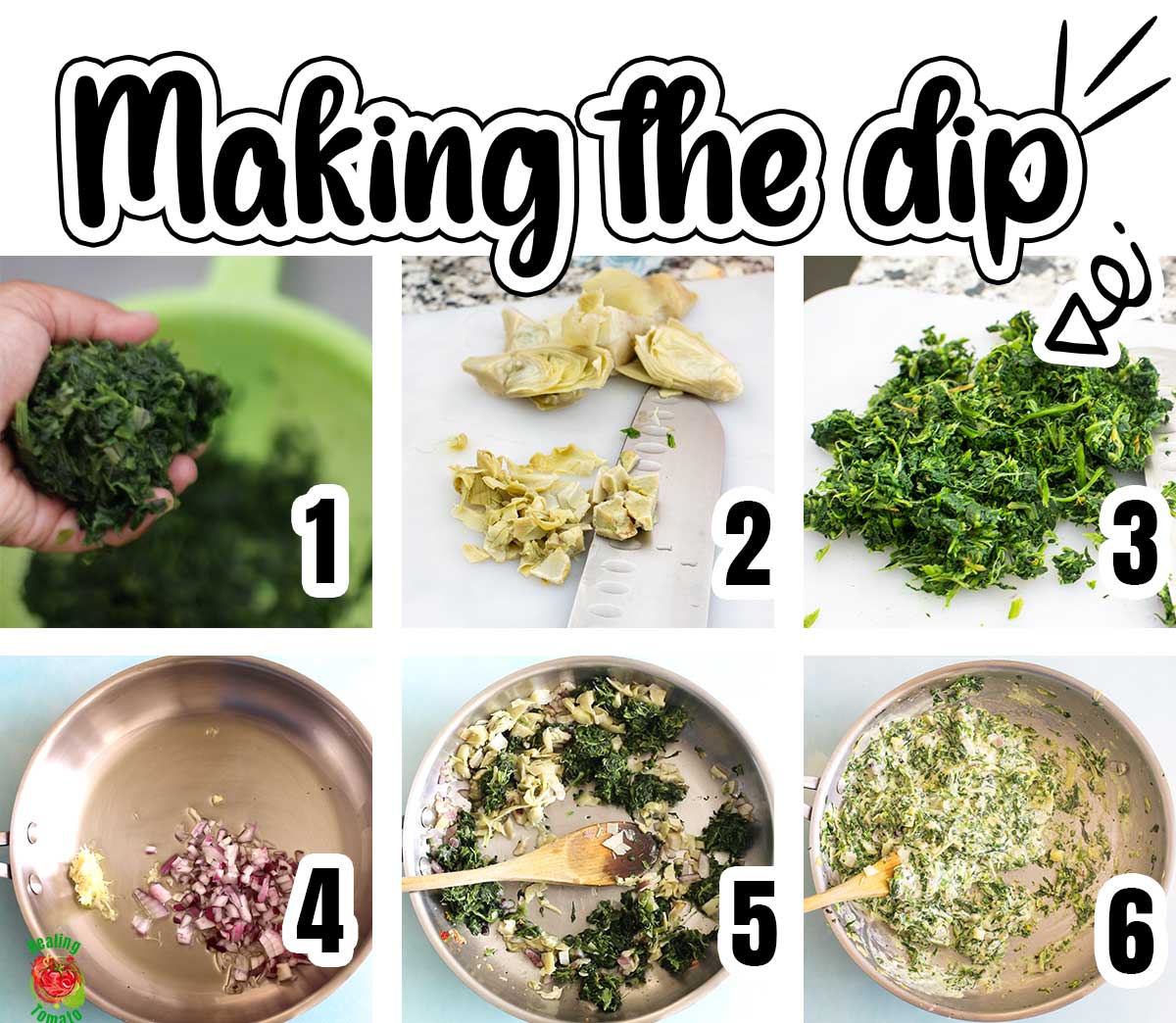 Collage of 4 steps to make the spinach artichoke dip. Each collage has a number corresponding to the step.