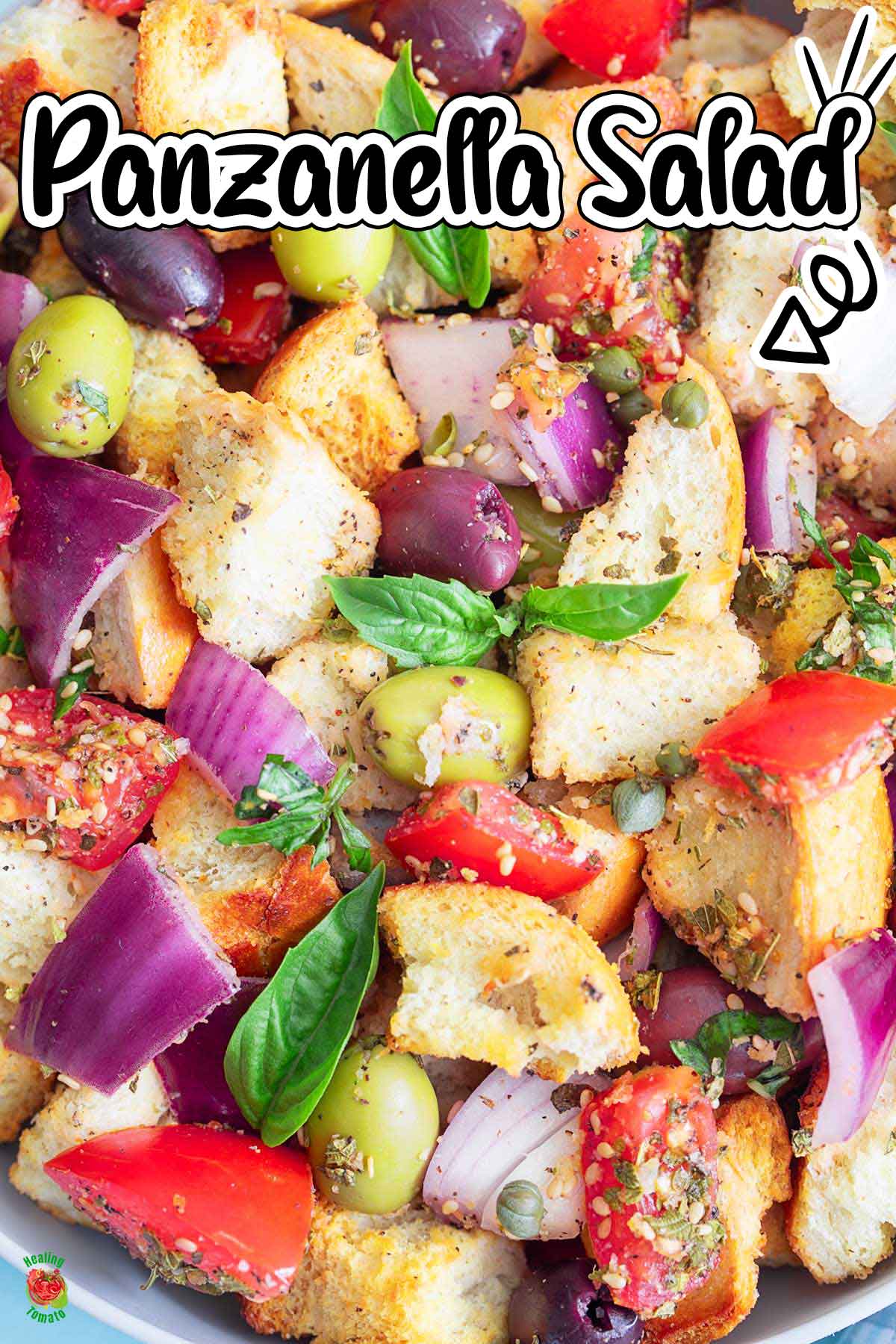 Top and closeup view of panzanella bread salad with olives, tomatoes, bread, onions and capers.