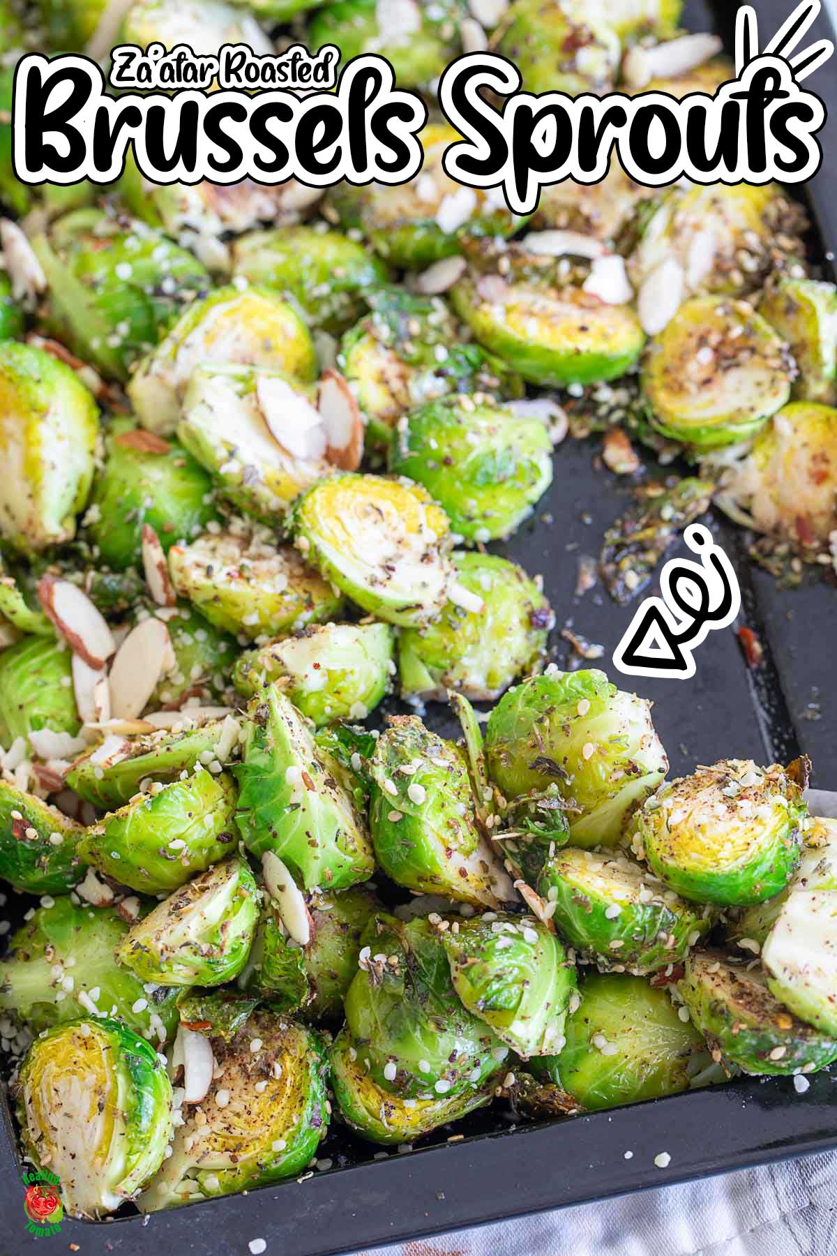 Top and closeup view of roasted Brussels sprouts recipe on a black sheet pan.