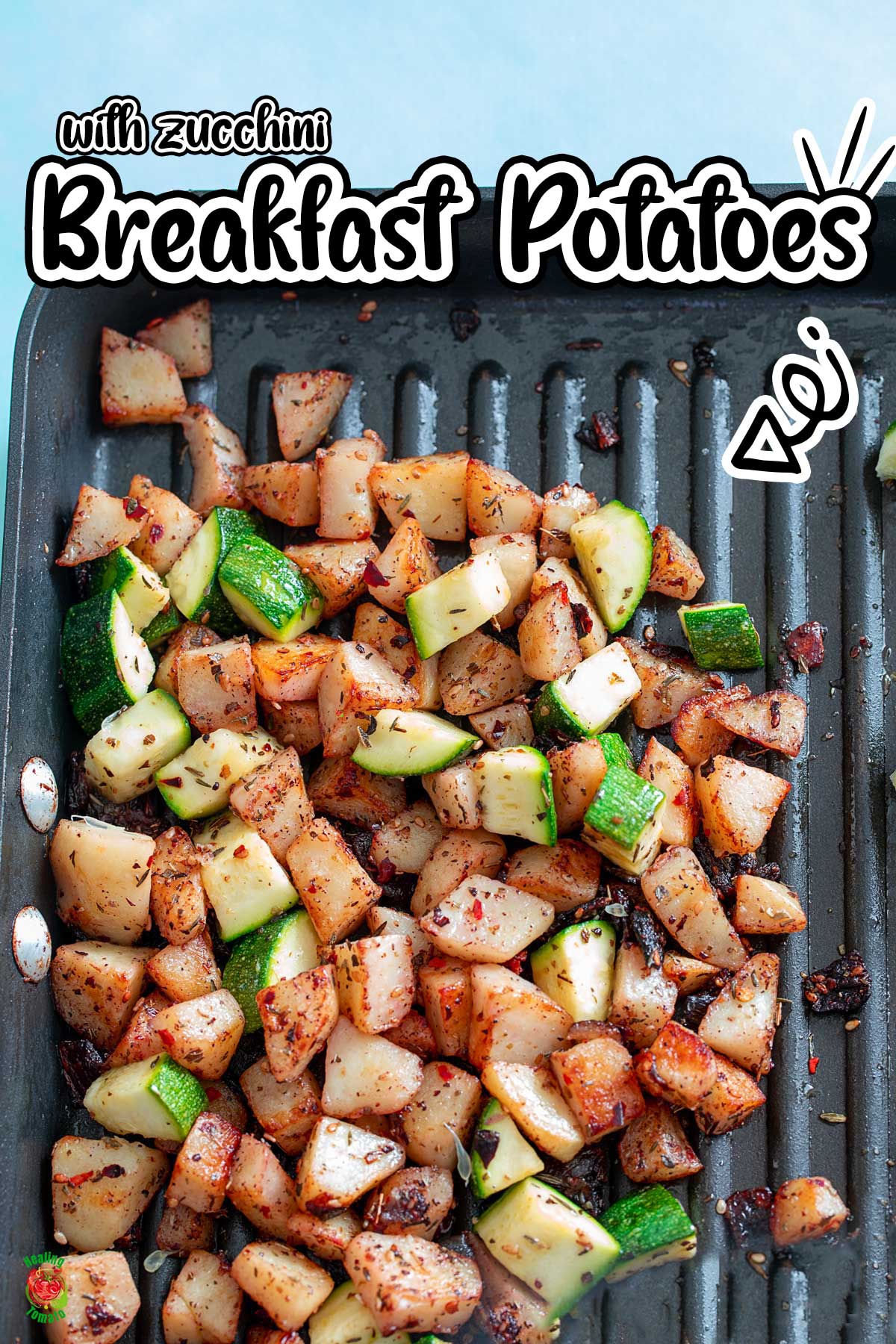 Top view of breakfast potatoes with zucchini in a stove top grill