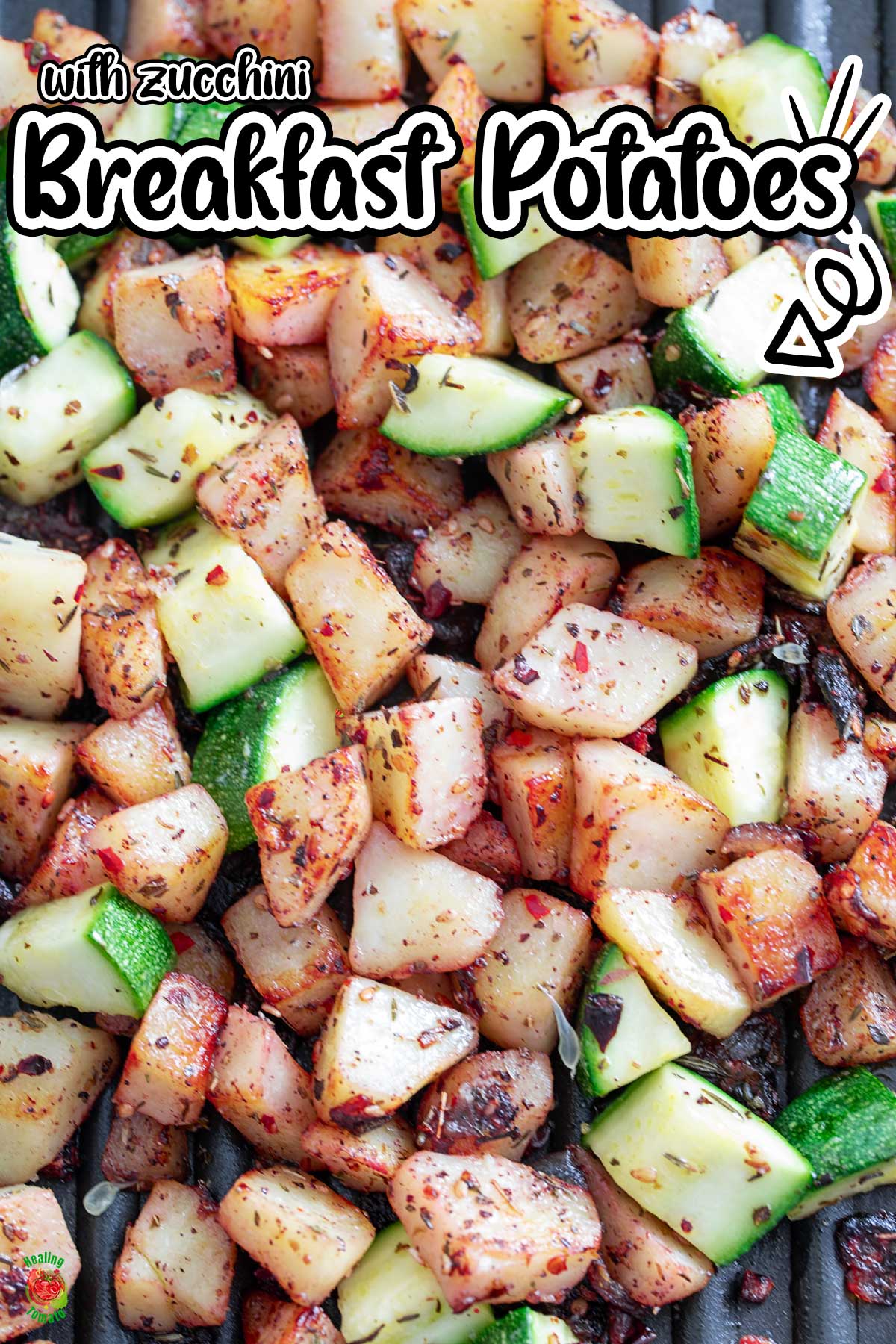 Closeup view of breakfast potatoes with zucchini in a stove top grill