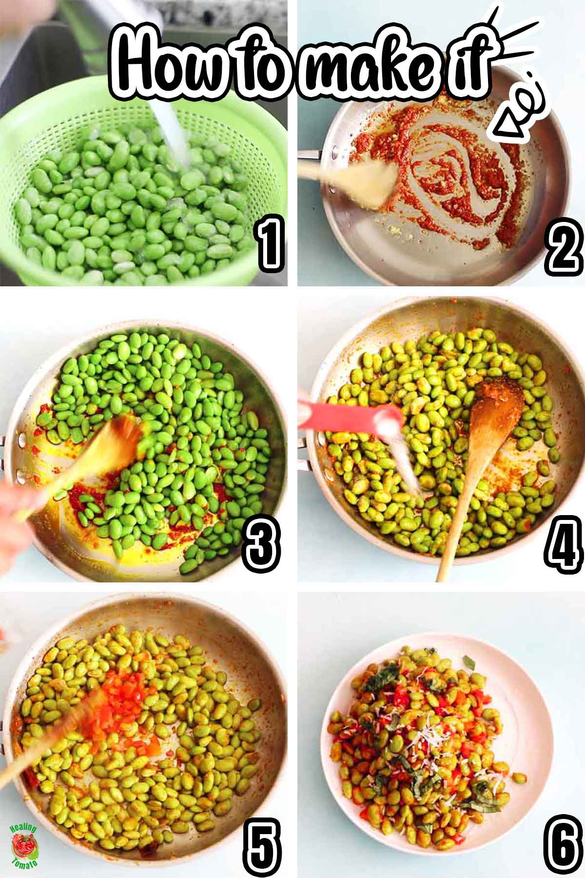 Collage of 6 steps to make this recipe. Each collage has a number corresponding to the step.