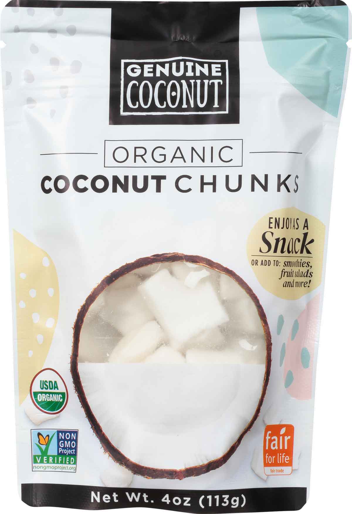 Front view of Genuine Coconut's Coconut Chunks package