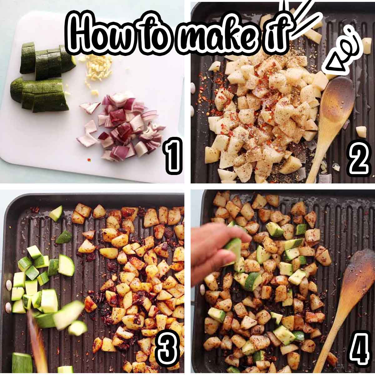 Collage of 4 steps to make the recipe. Each collage has a number corresponding to the step.