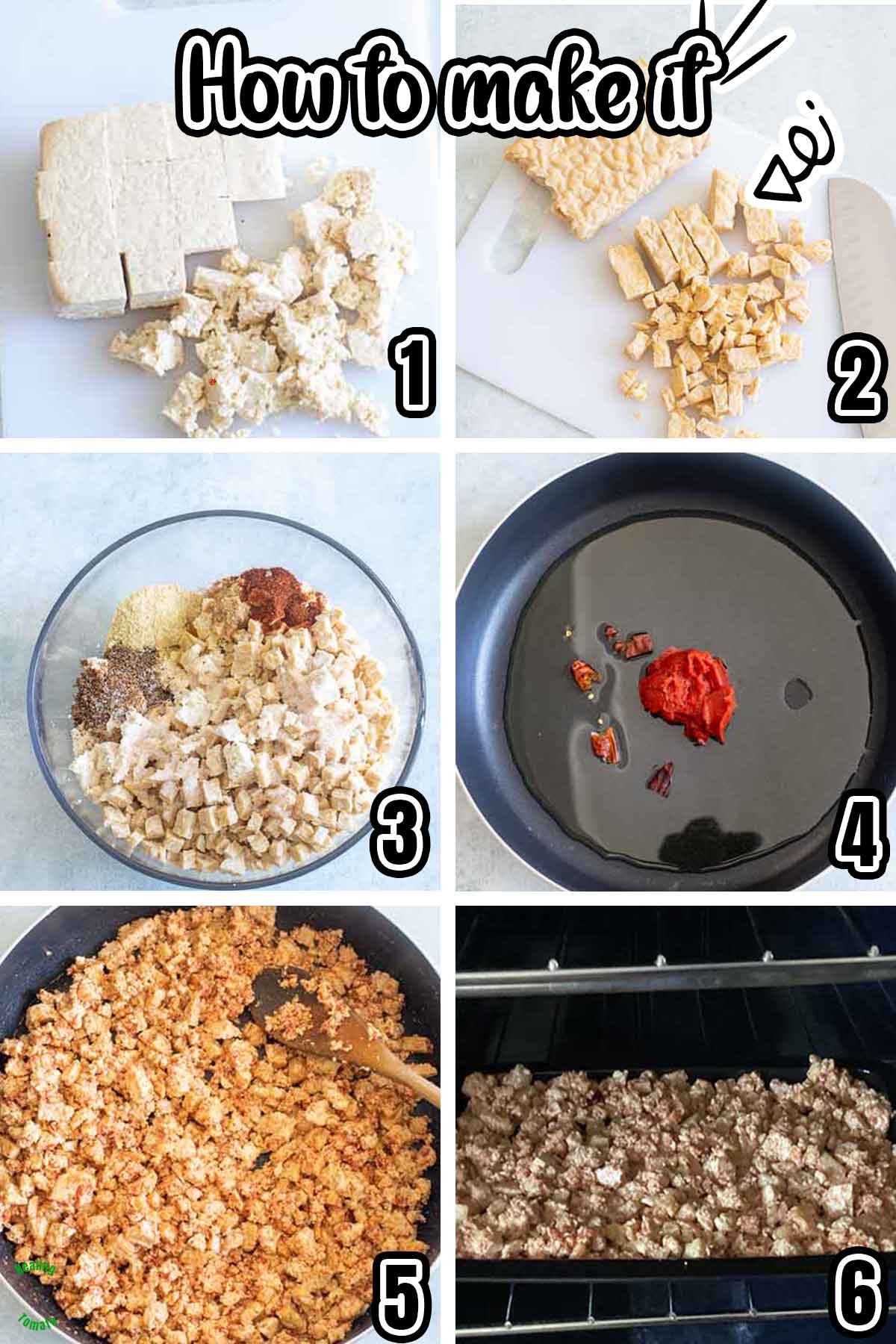 Collage of 6 steps to make this recipe. Each collage has a number corresponding to the step.