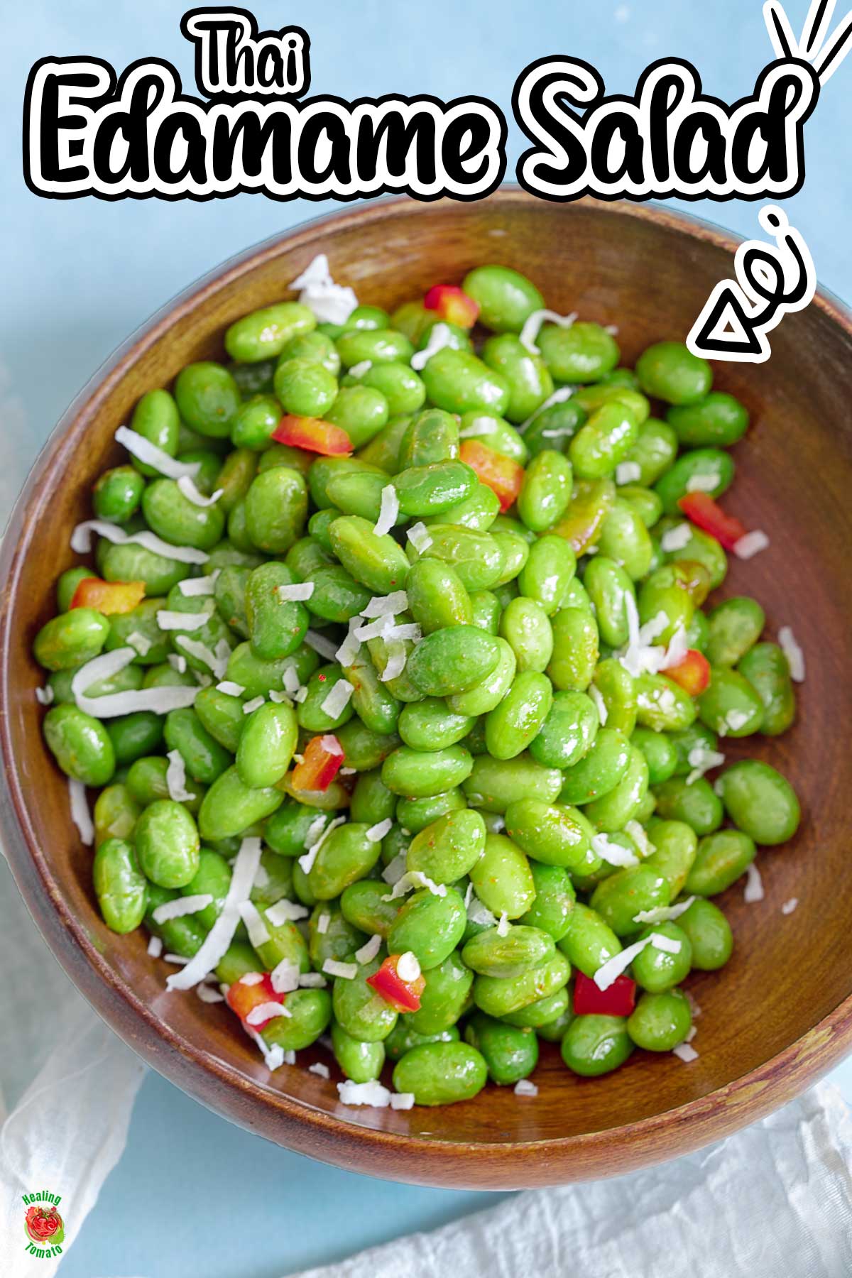 Top and closeup view of unshelled edamame with bell pepper and shredded coconut