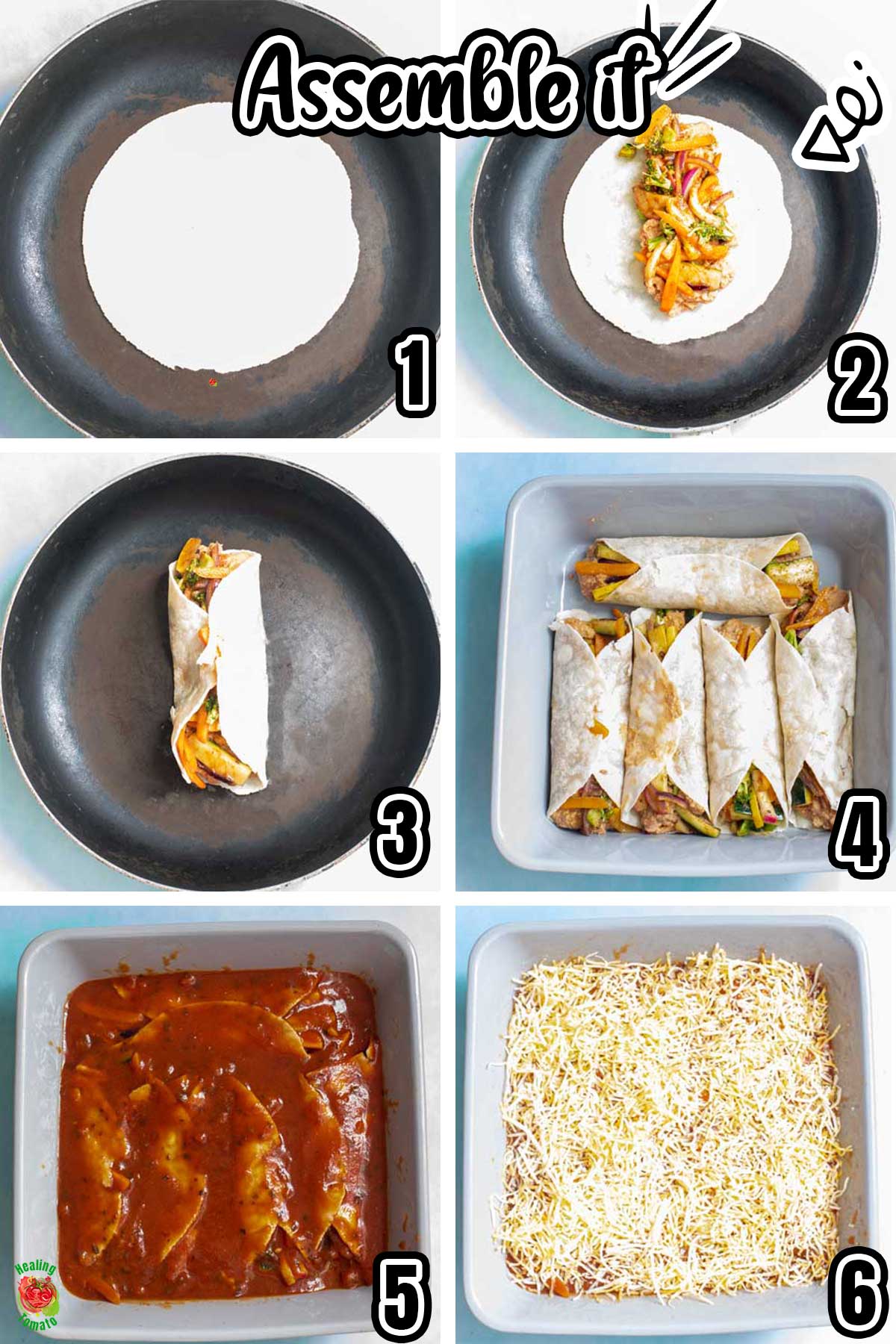 Top view of 6 steps needed to assemble vegetarian enchiladas.