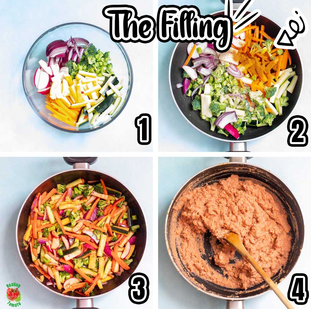 Top view of a collage of 4 images that show how to make the filling for vegetarian enchilada