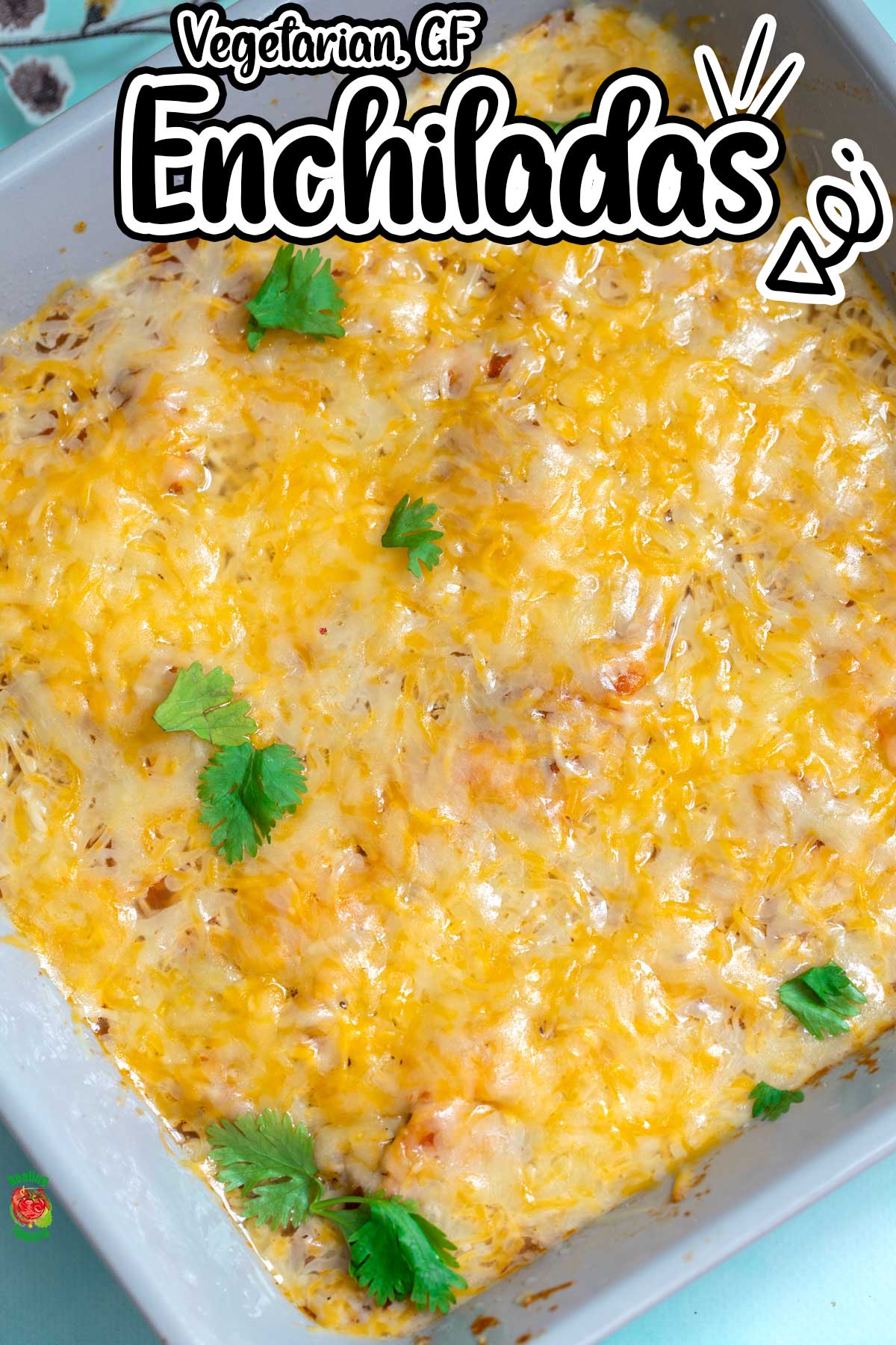 Top and closeup view of grey baking dish that has melted cheese and cilantro garnish. Filled with vegetarian enchiladas recipe