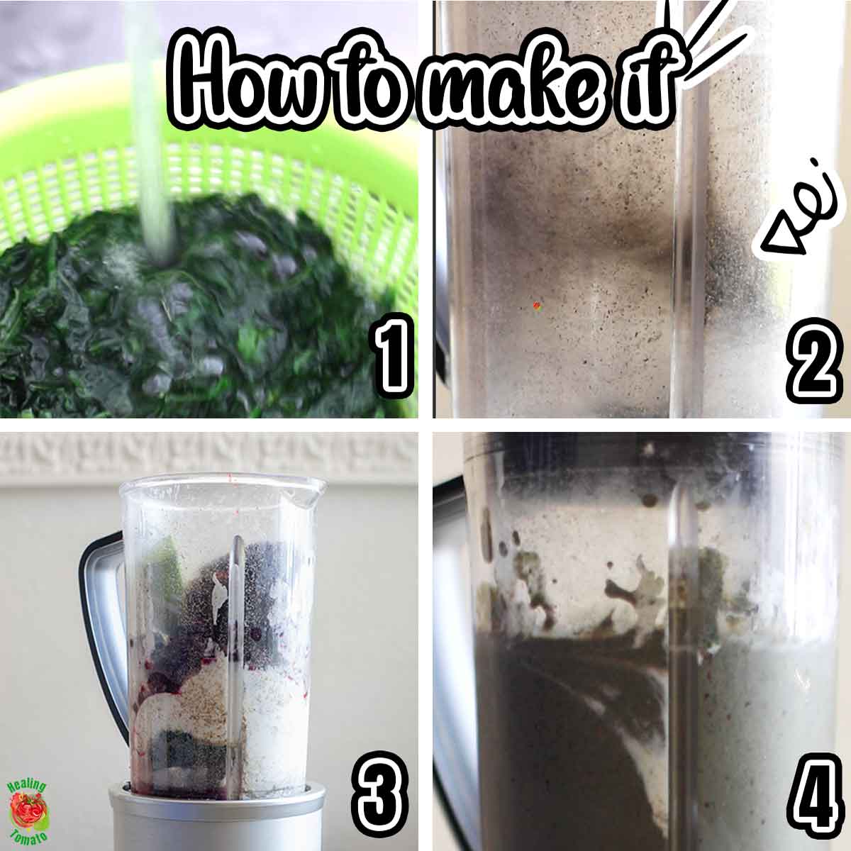 Collage of 4 steps to make this green shake recipe. Each collage has a number corresponding to the step.