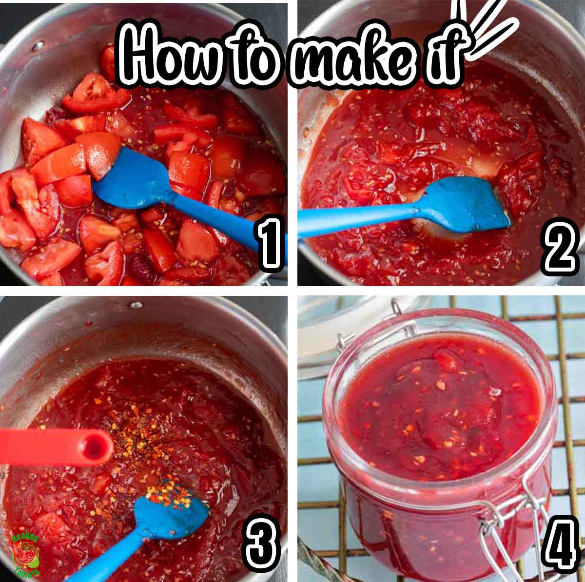 Collage of 4 steps to make the recipe. Each collage has a number corresponding to the step.
