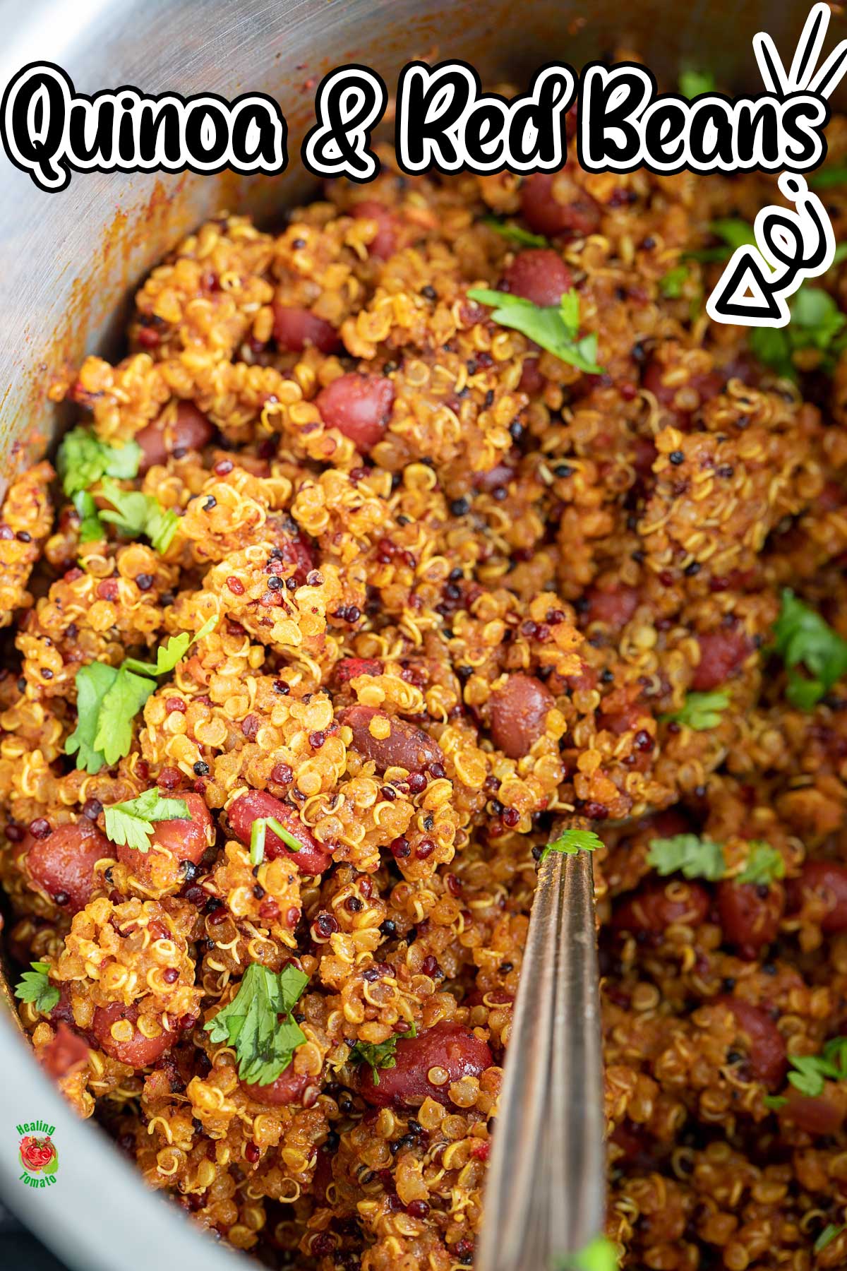 Top view of the inside of Instant Pot container with quinoa and red beans in it.