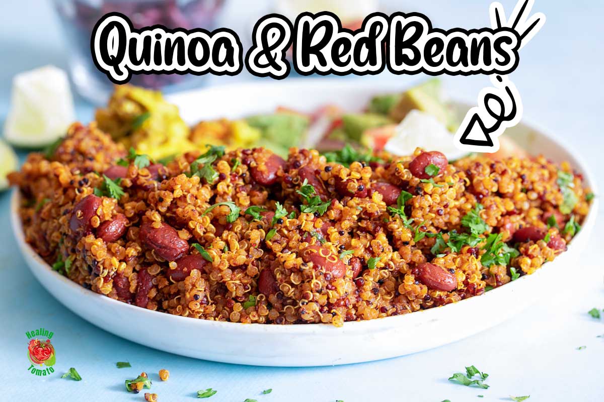 front view of instant pot quinoa and red beans in a white plate