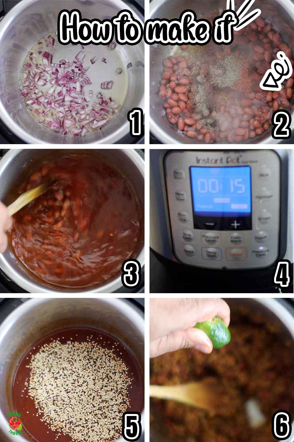 Collage of 6 steps to make this instant pot quinoa and red beans recipe. Each collage has a number corresponding to the step.