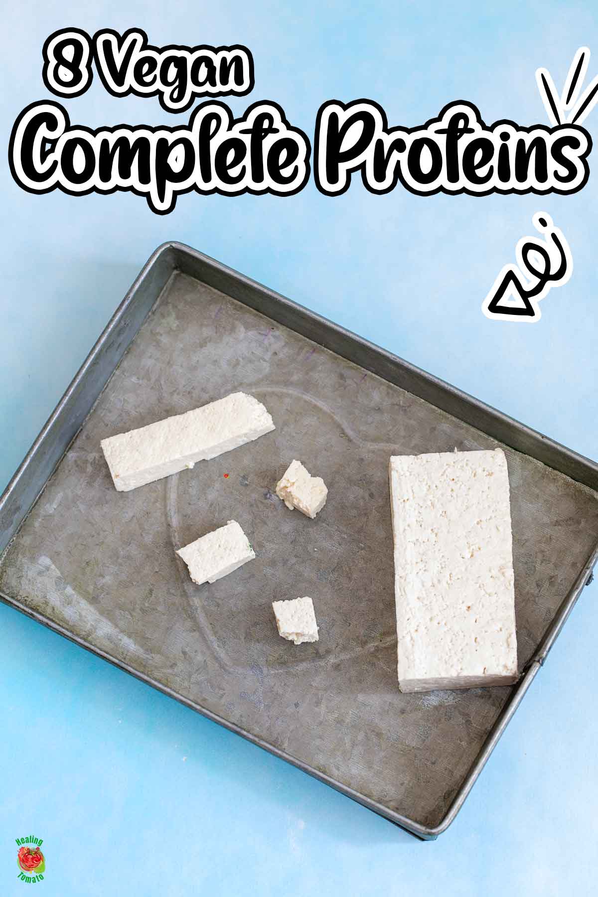 Top view of pieces of tofu put in a grey tray with the title "8 vegan complete protein".