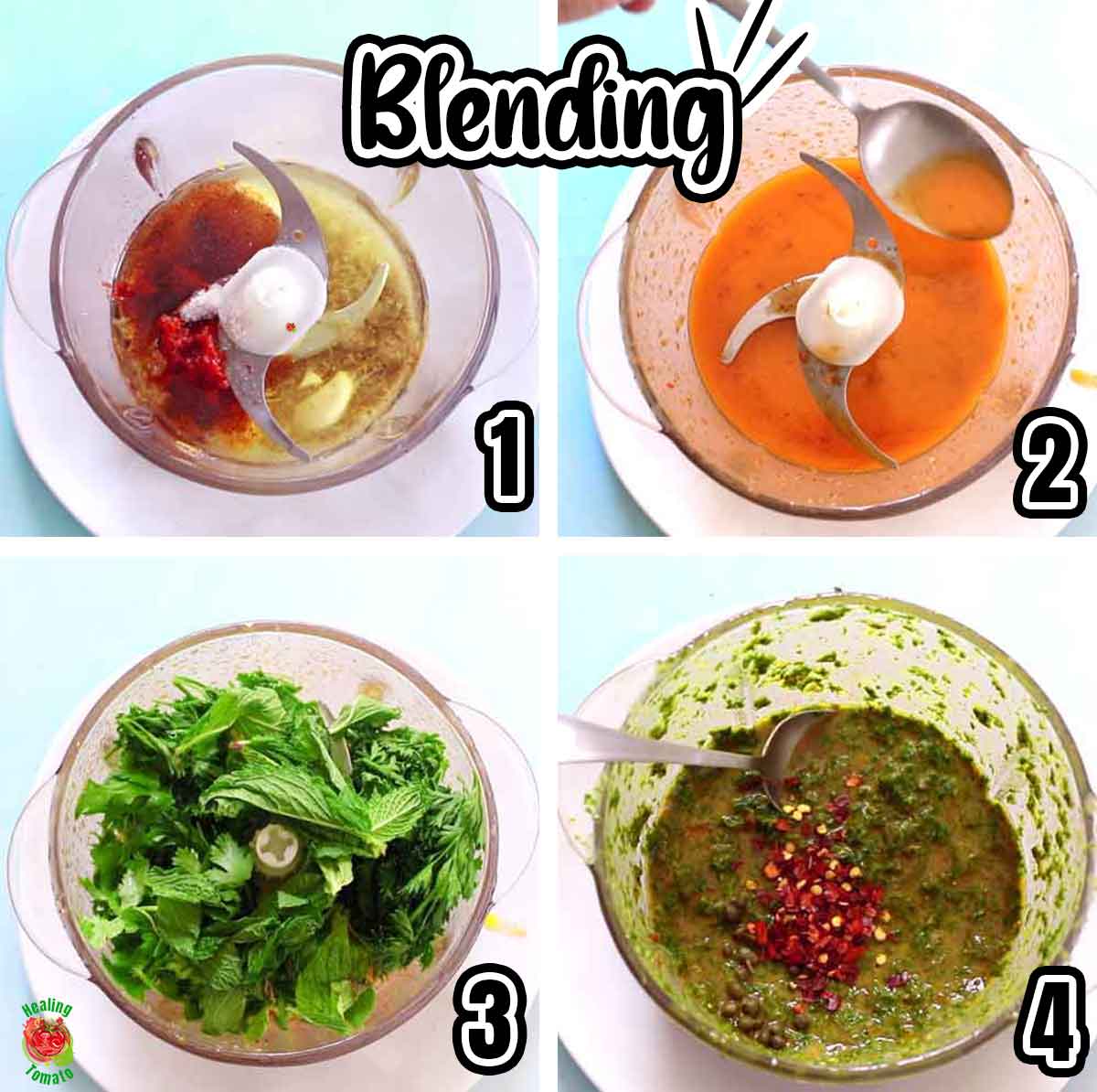 Collage of 4 images that show how to blend the ingredients for chermoula sauce.