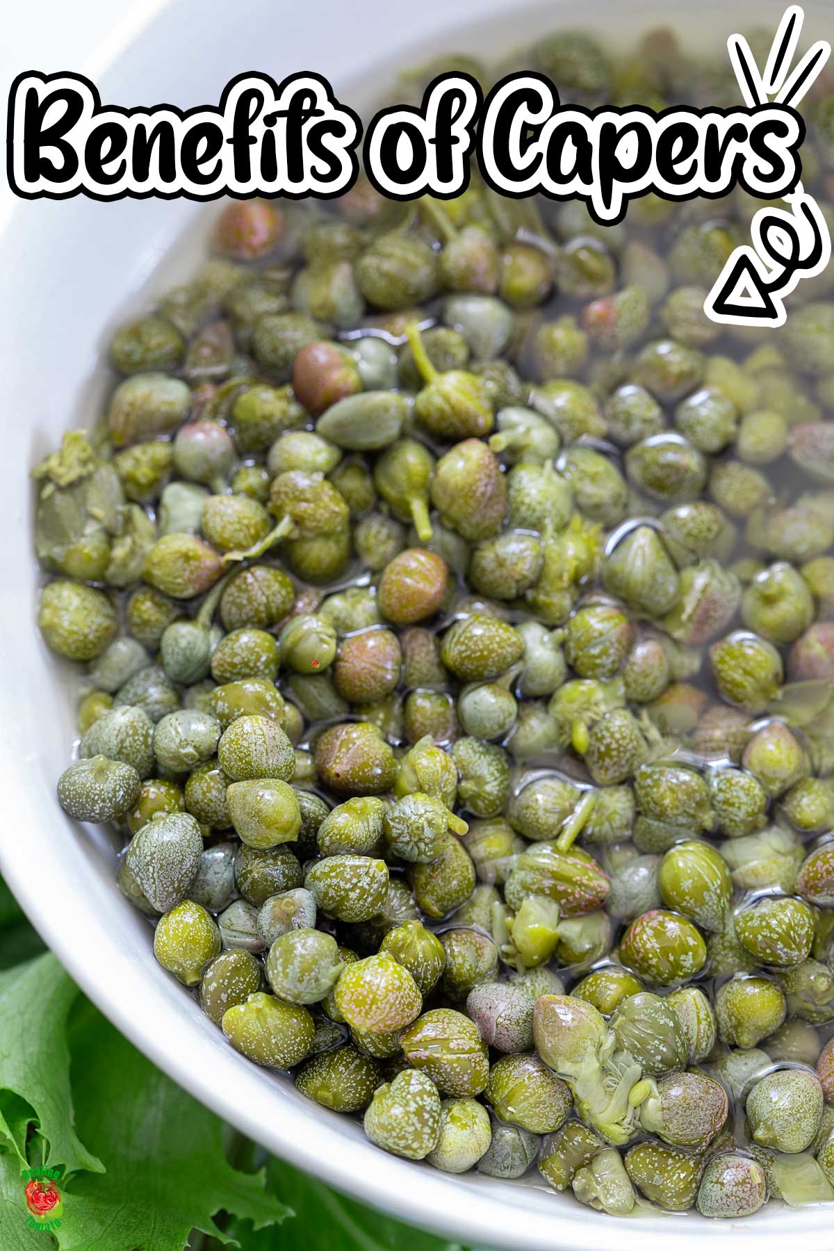 Top and closeup view of capers in a white bowl with brine.