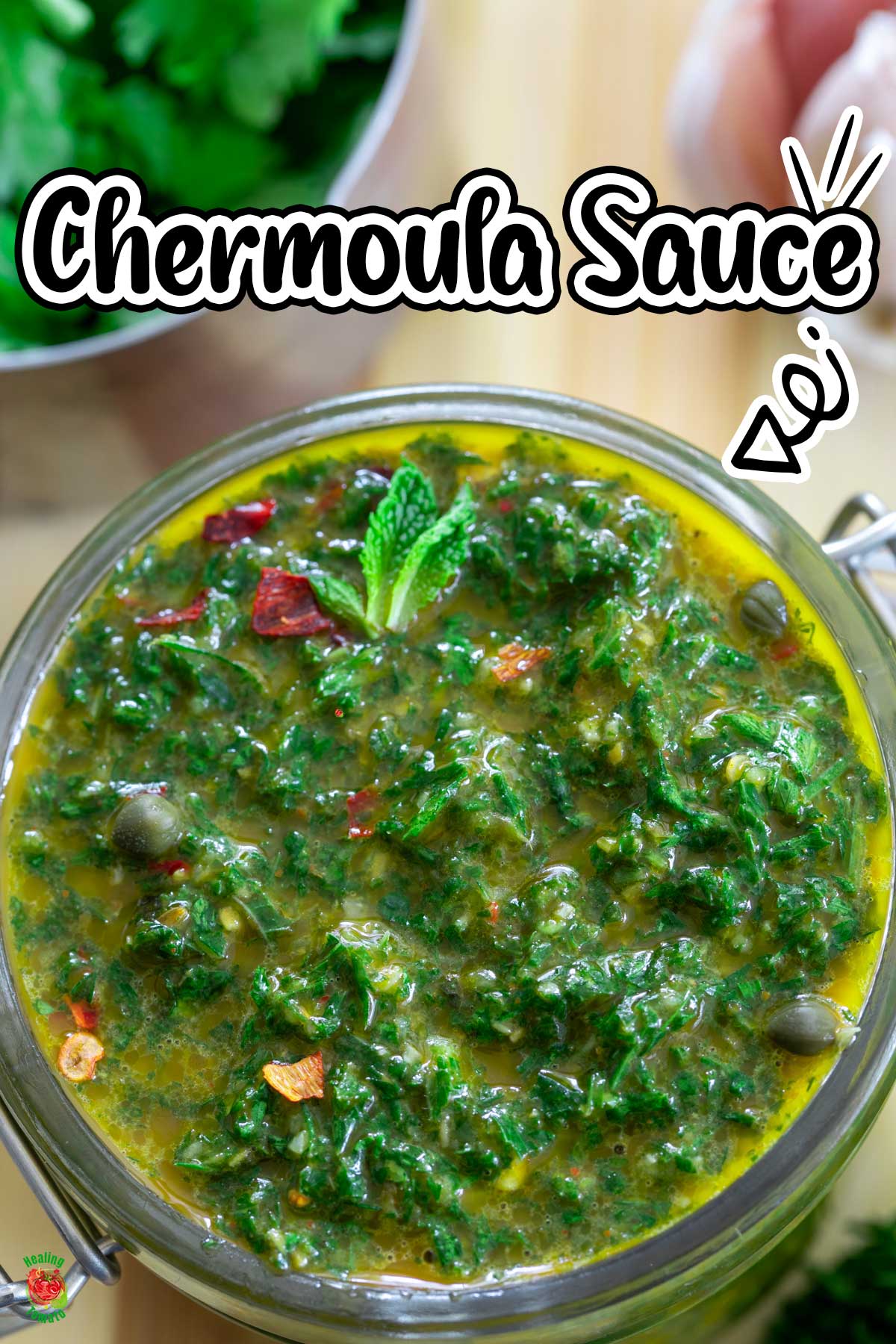Top and closeup view of chermoula sauce in a glass jar