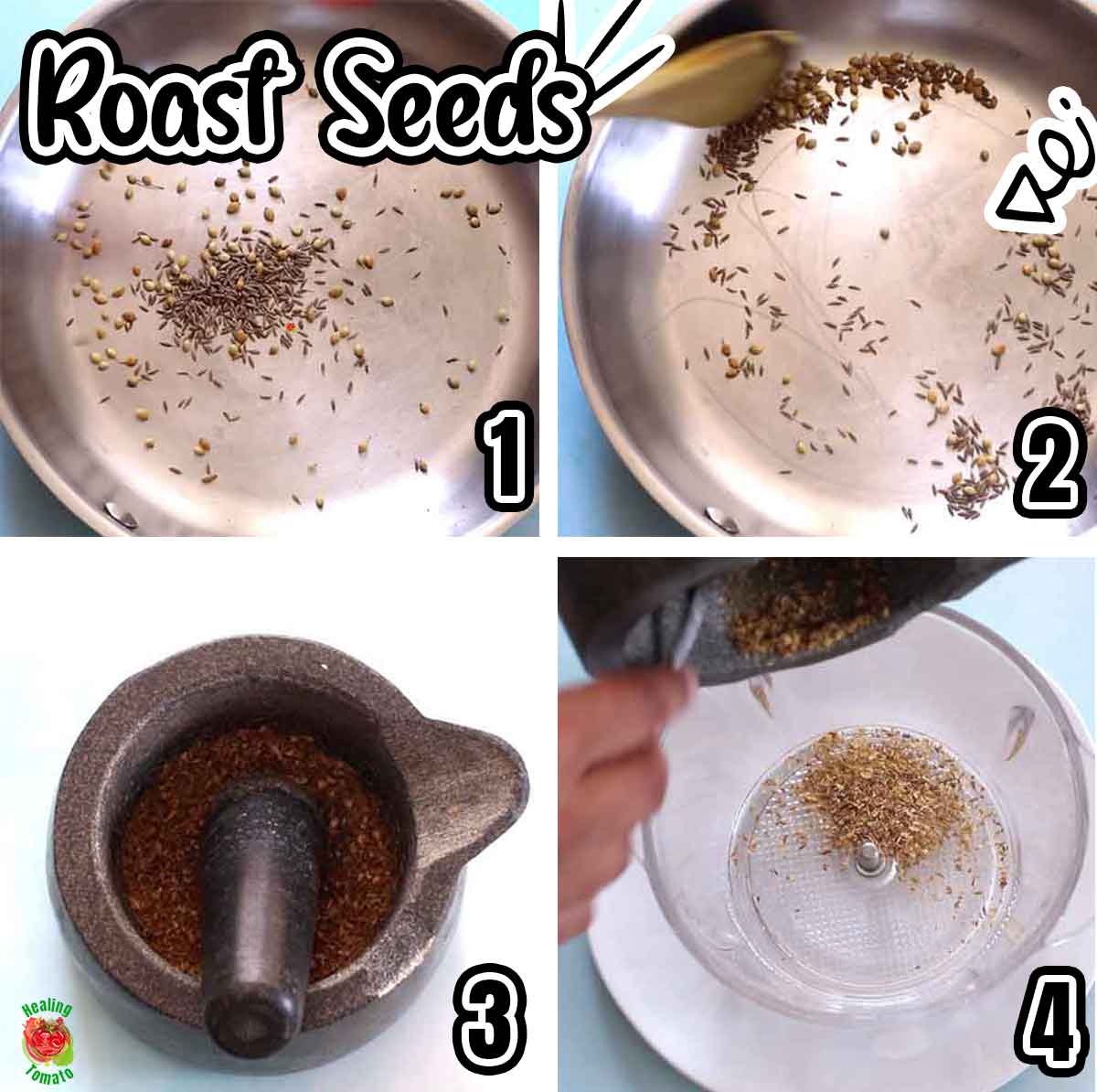 Collage of 4 images that show how to roast and crush cumin, coriander seeds