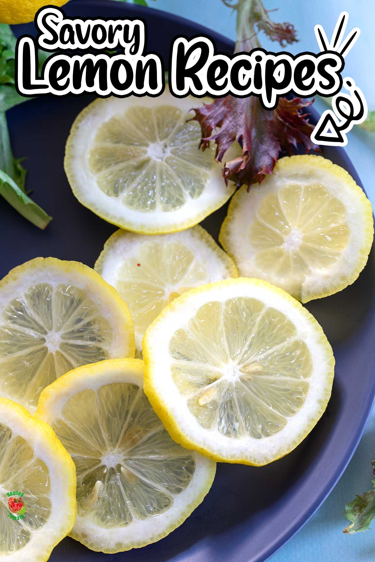 Top and closeup view of lemon slices on a blue plate. Savory Lemon Recipes. Savory lemon recipes