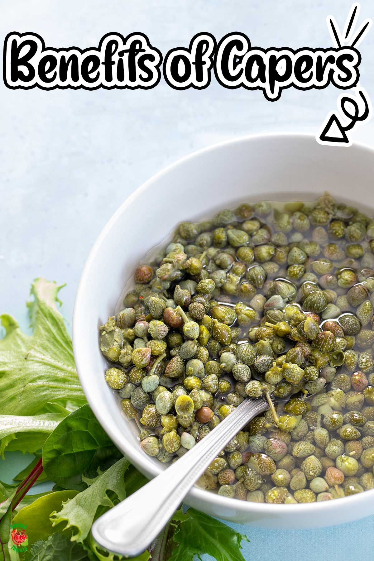 Top and closeup view of capers in a white bowl with brine.