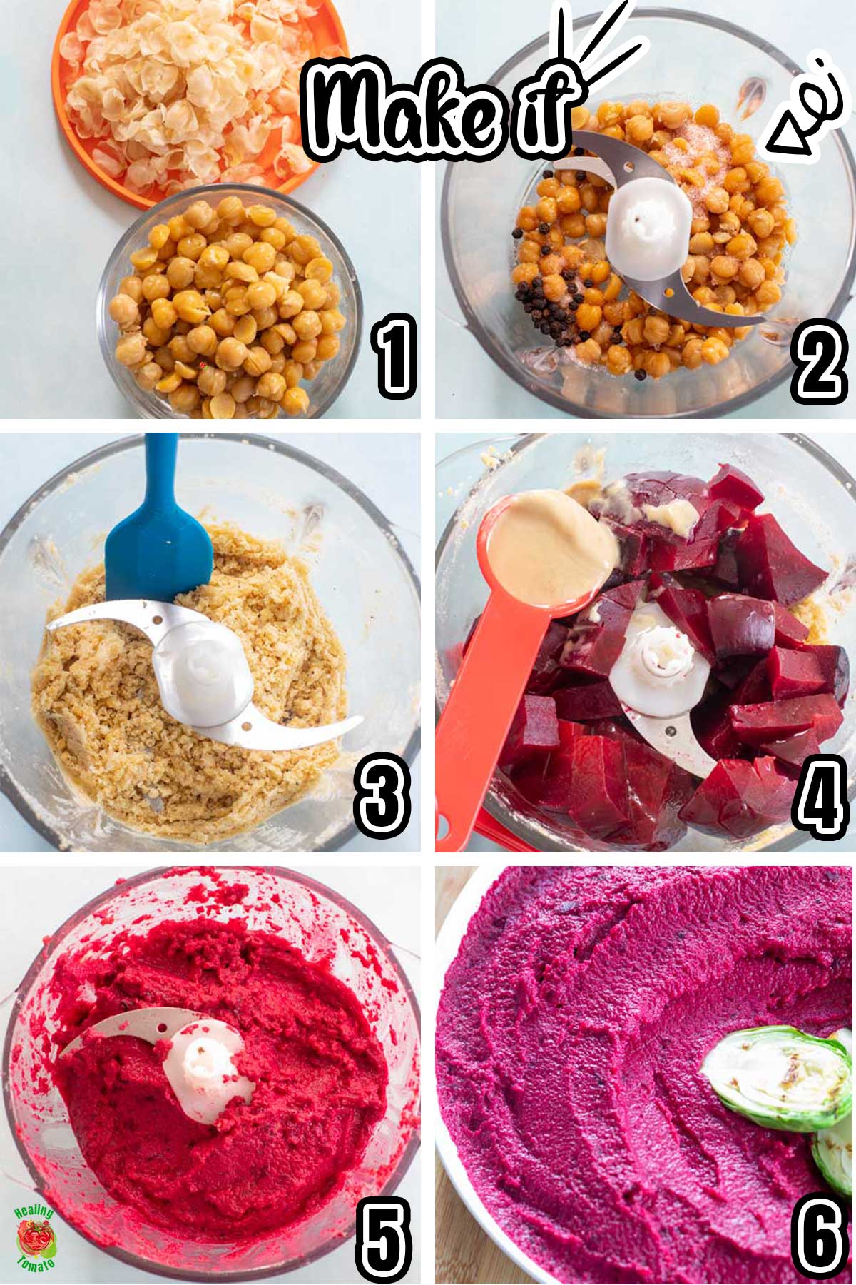Top view of a collage of 6 images that help make the beet hummus recipe.