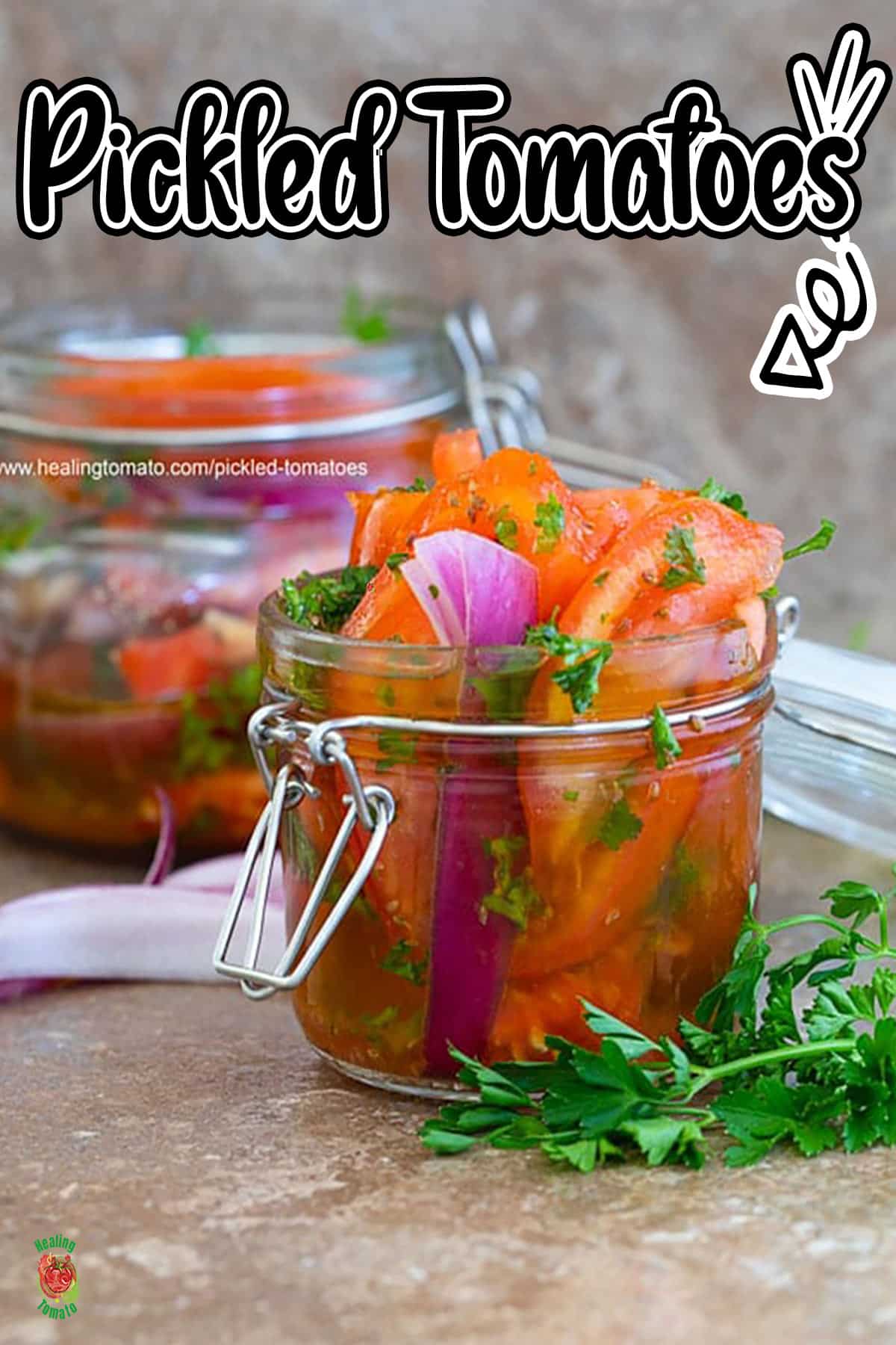 Front and closeup view of a jar filled with campari tomato and onions