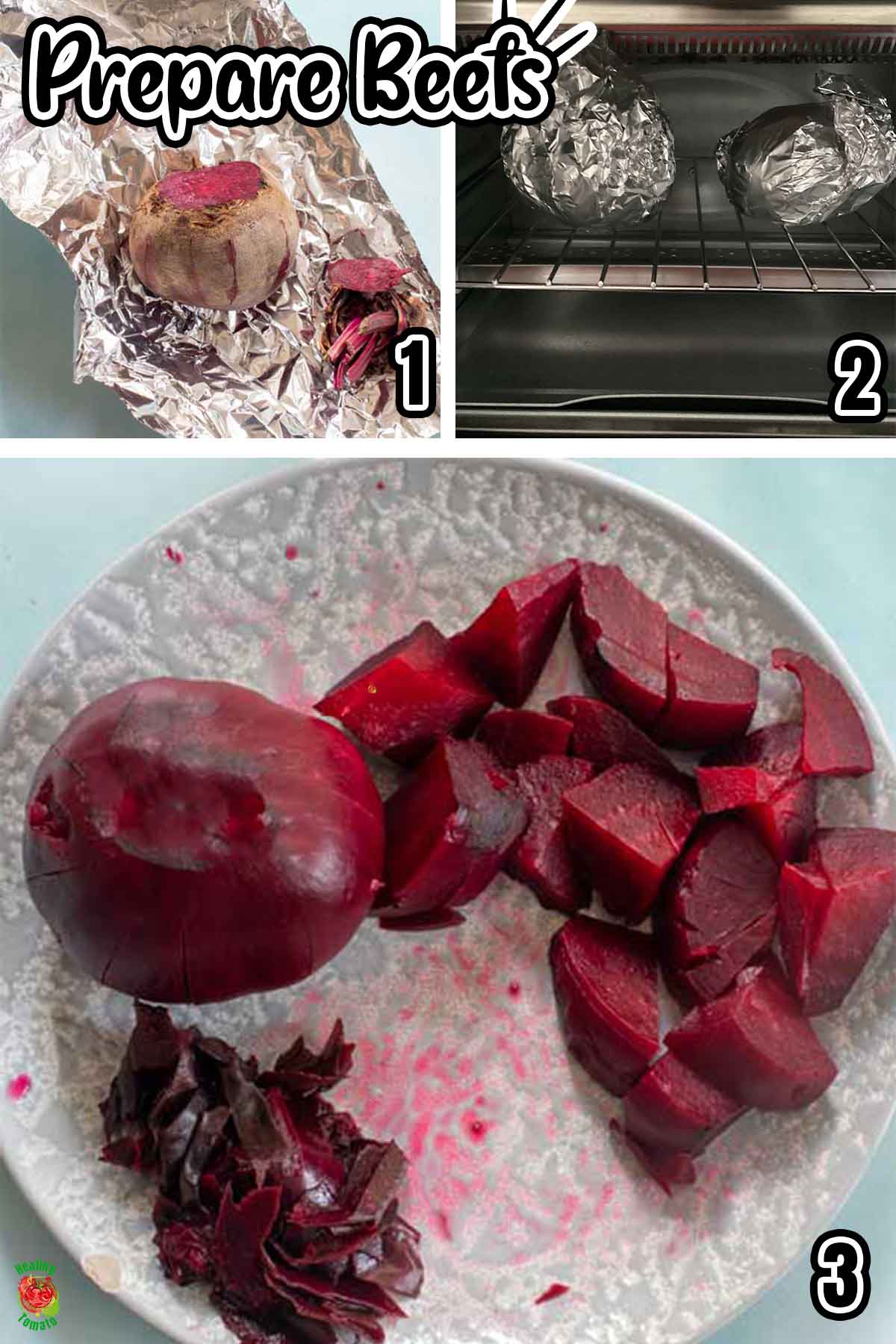Top view of one whole beet, one beet roughly copped and the skin of one beet. All on a grey plate