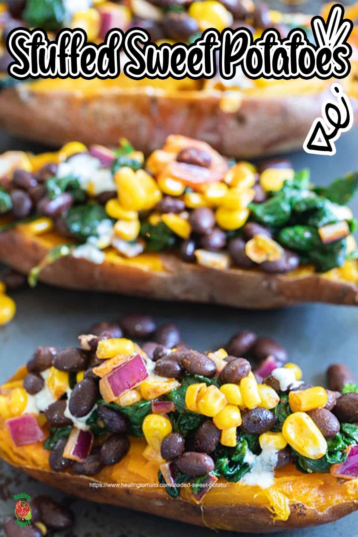 Closeup view of 3 sweet potato halves topped with black beans, corn, campari tomatoes and spinach.