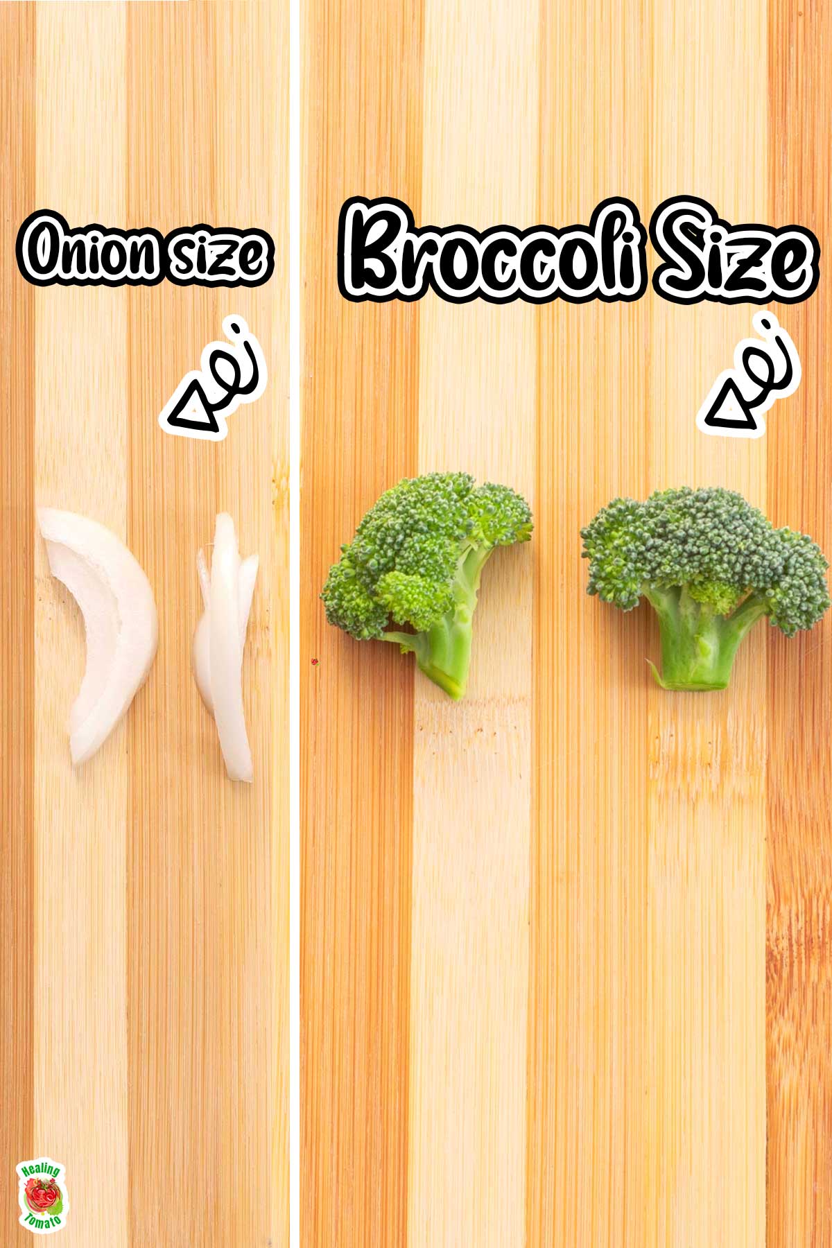 What the size of broccoli and onions when chopping it.