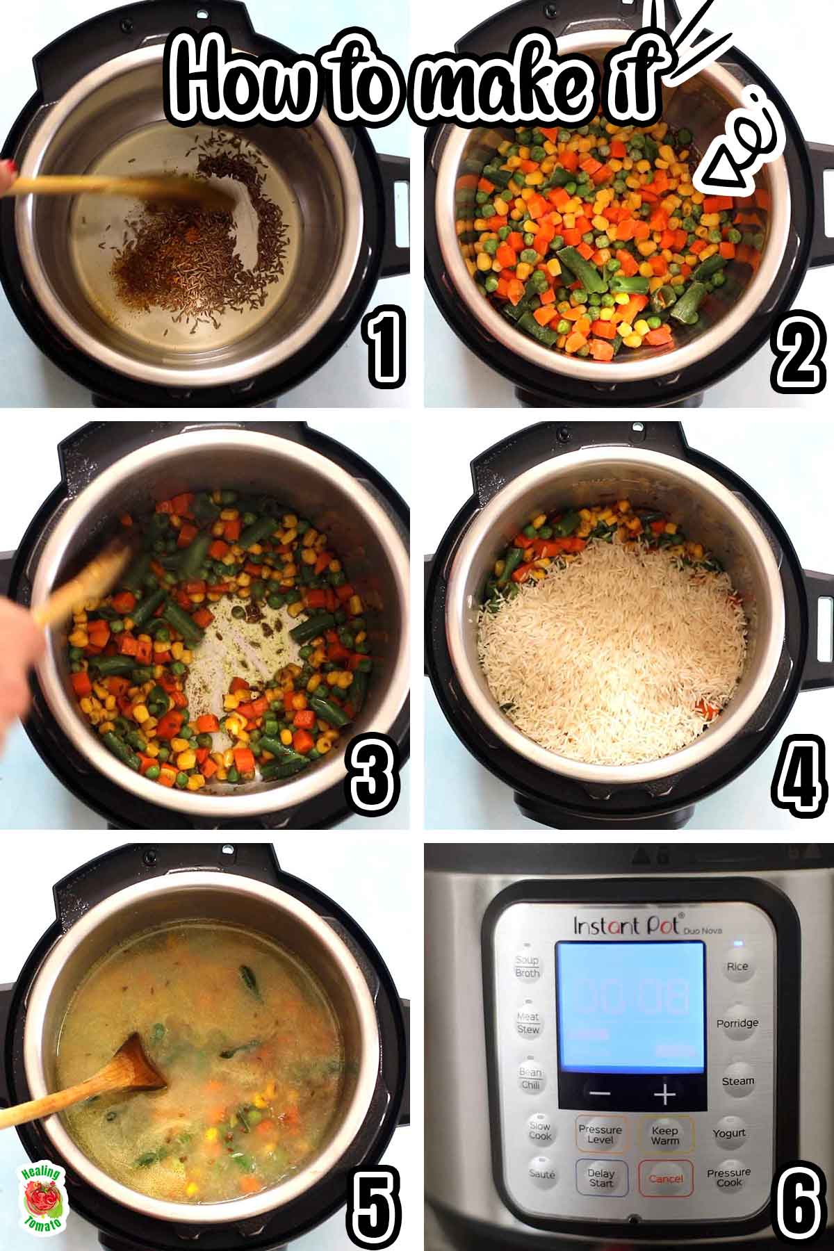 Top view of 6 steps required to make this Instant Pot Rice.