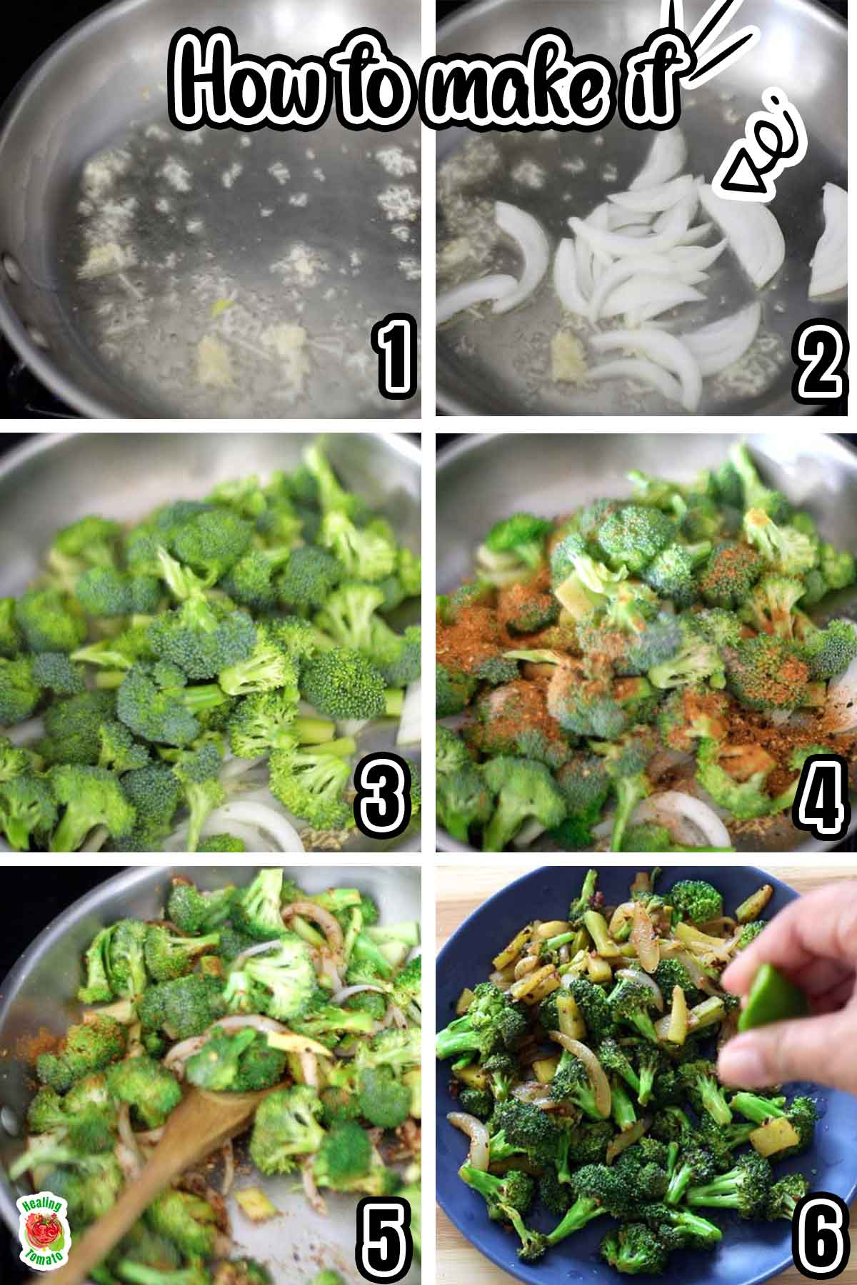 collage of 6 images outlining the steps needed to make pan-fried broccoli