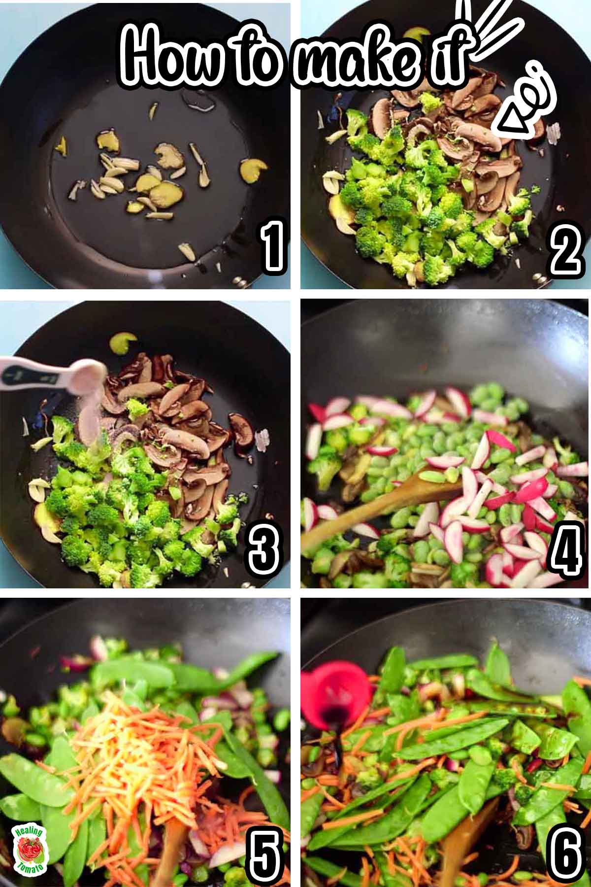 Collage of 6 images that shows how to make this stir fry recipe