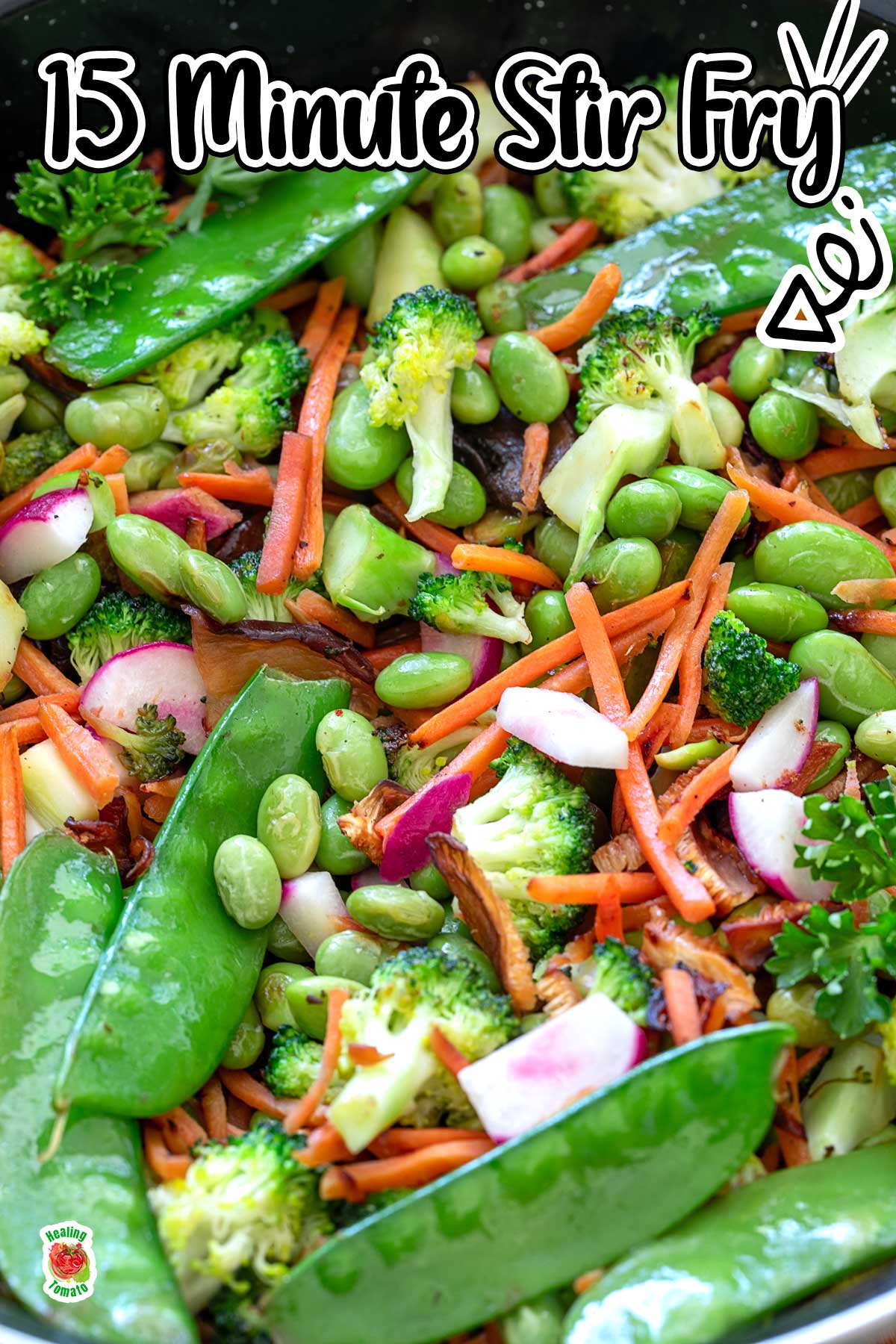 Closeup view of the veggies in a wok
