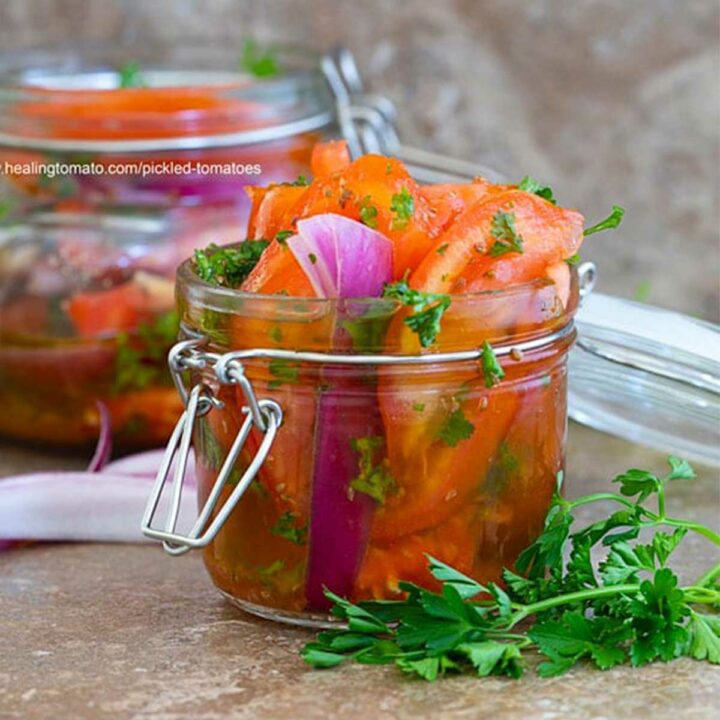 Front and closeup view of a jar filled with campari tomato and onions