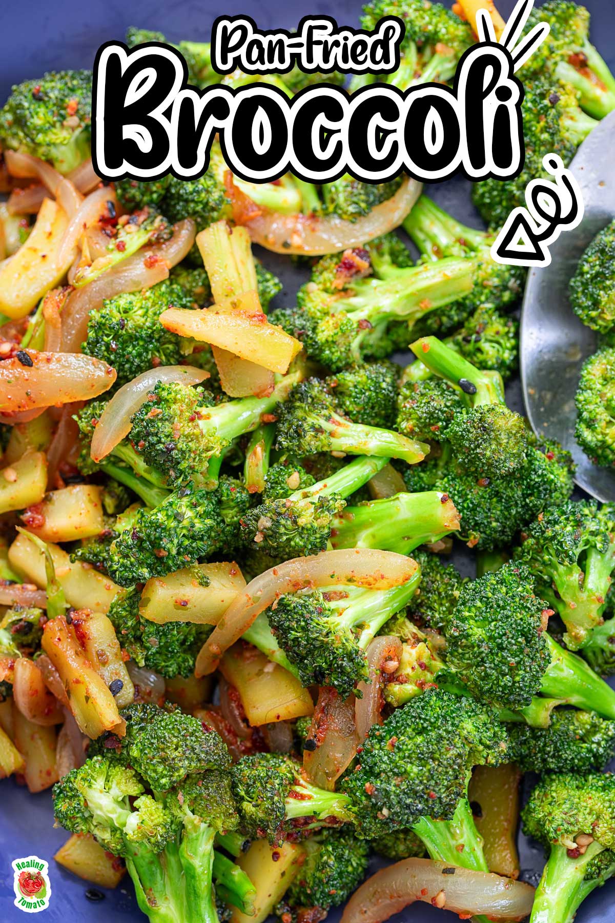 Top and closeup view of cooked broccoli and onions on a blue plate.